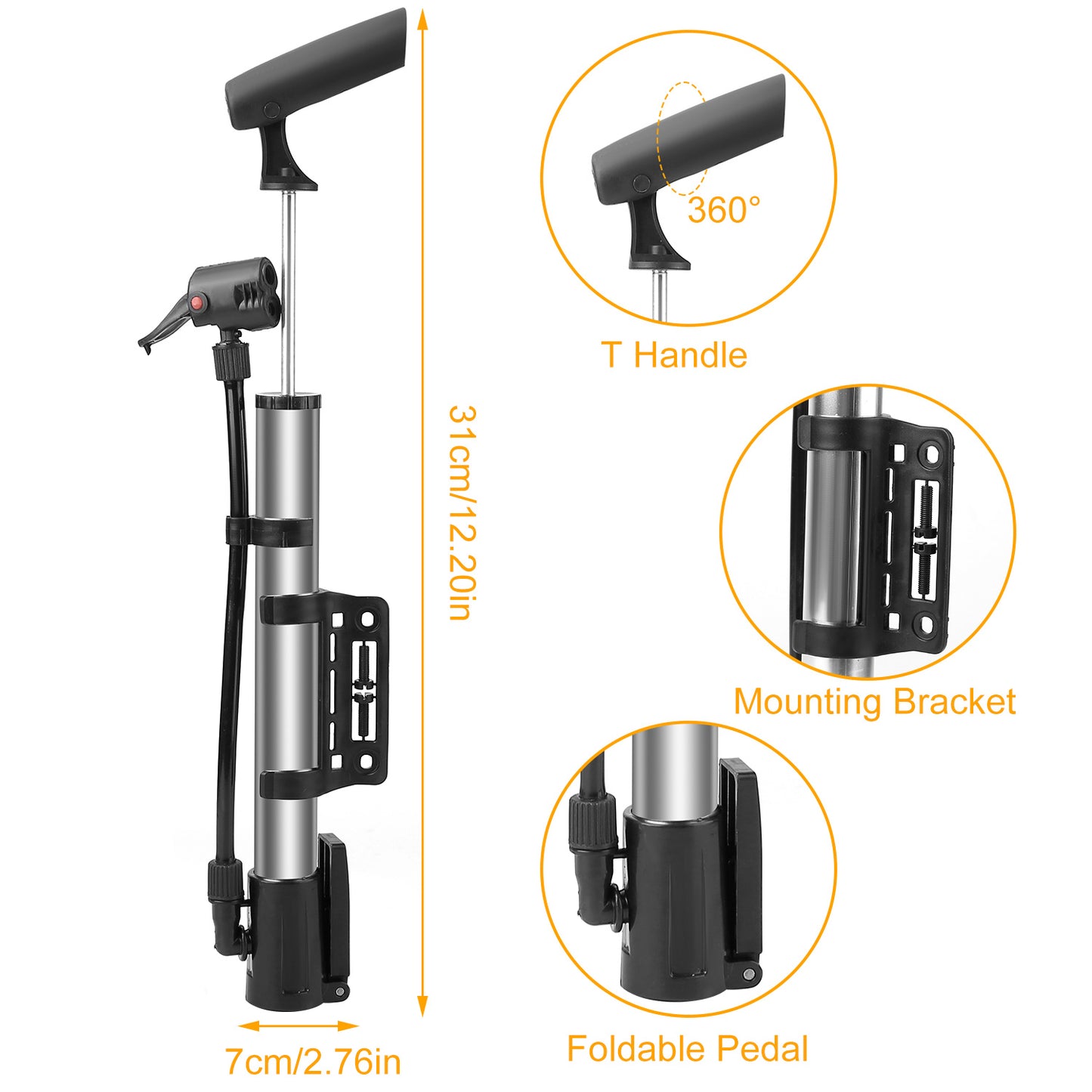 Mini Bike Pump Portable Bicycle Tire Inflator Ball Air Pump w/ Mount Frame For Mountain Road Bike Presta Schrader