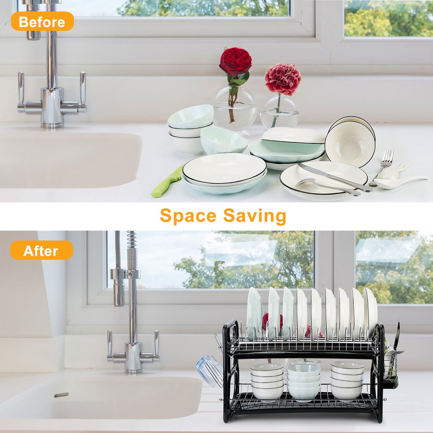 2 Tier Dish Drying Rack Drainboard Set Anti-Rust Dish Drainer Shelf Tableware Holder Cup Holder For Kitchen Counter Storage