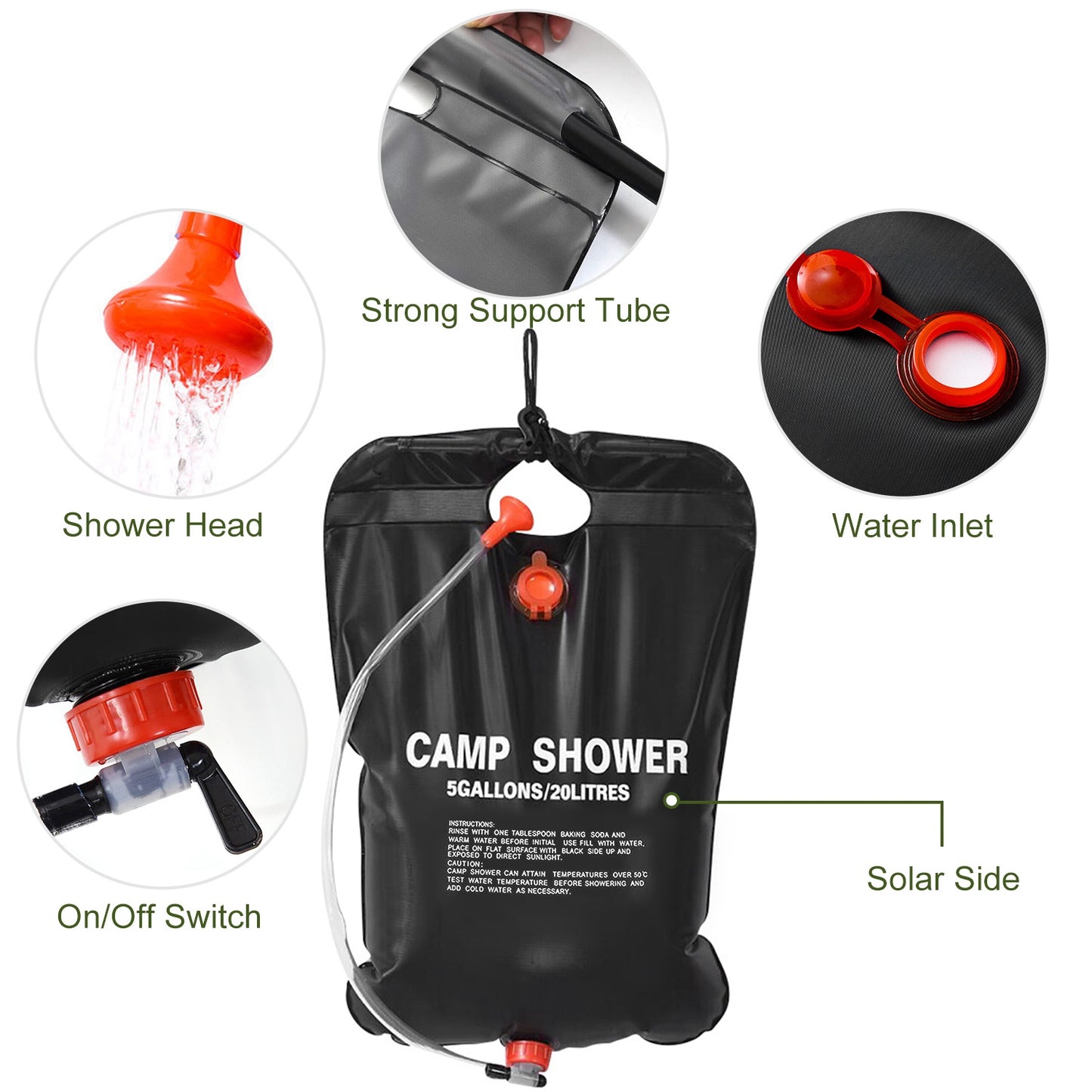Portable Solar Heated Shower Bag Camping Shower Bath Water Bag 5 Gallons w/ On-Off Switchable Shower Head