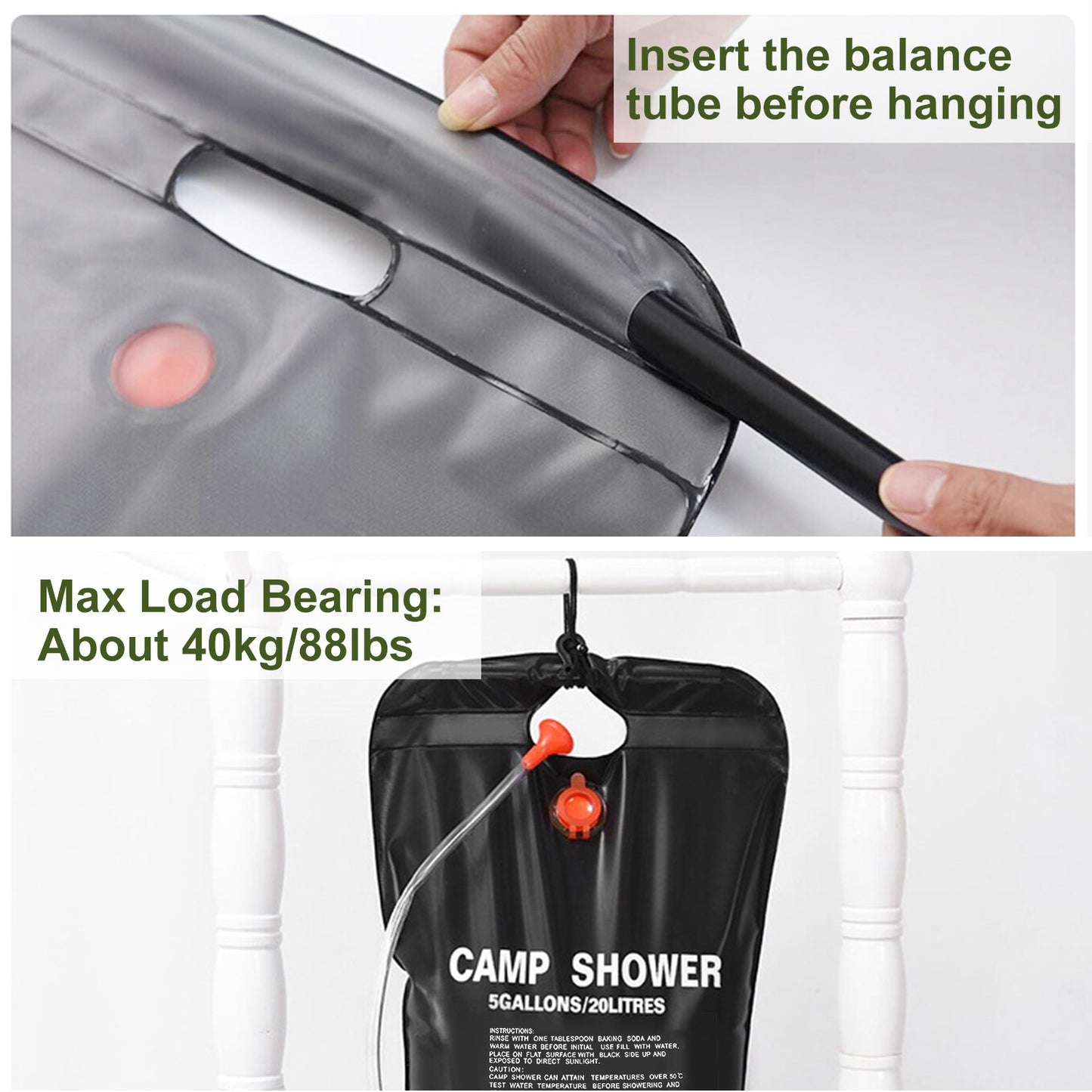Portable Solar Heated Shower Bag Camping Shower Bath Water Bag 5 Gallons w/ On-Off Switchable Shower Head