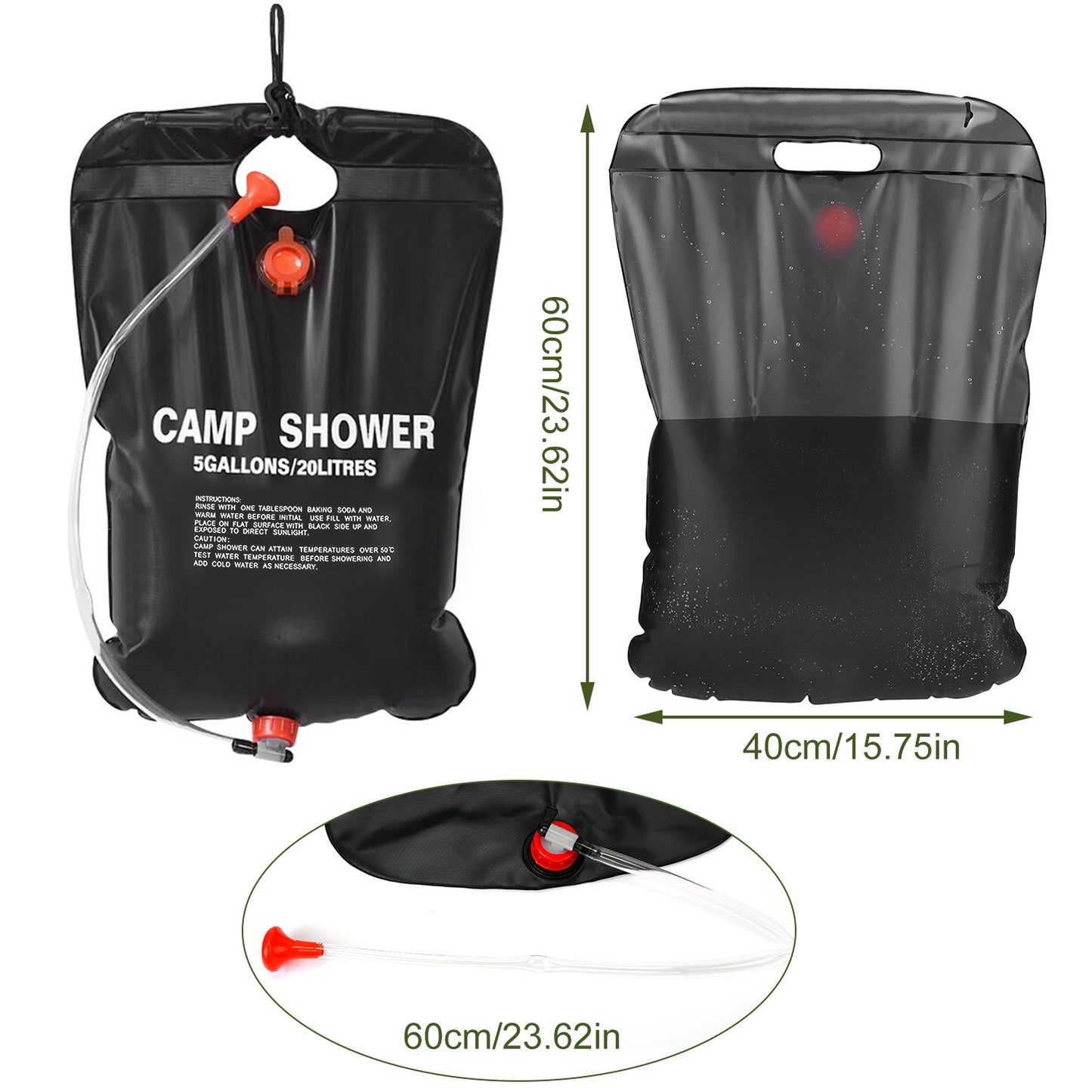Portable Solar Heated Shower Bag Camping Shower Bath Water Bag 5 Gallons w/ On-Off Switchable Shower Head