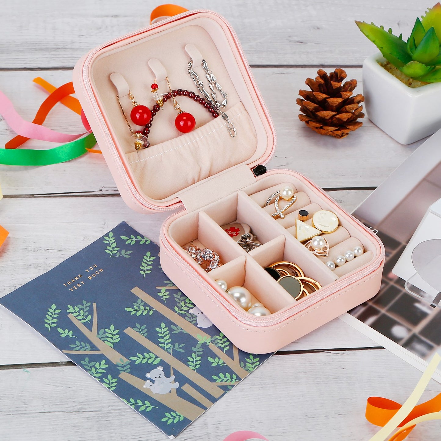 Mini Jewelry Storage Box Portable Ring Earring Necklace Storage Travel Case PU Leather Jewelry Organizer Gift Pink