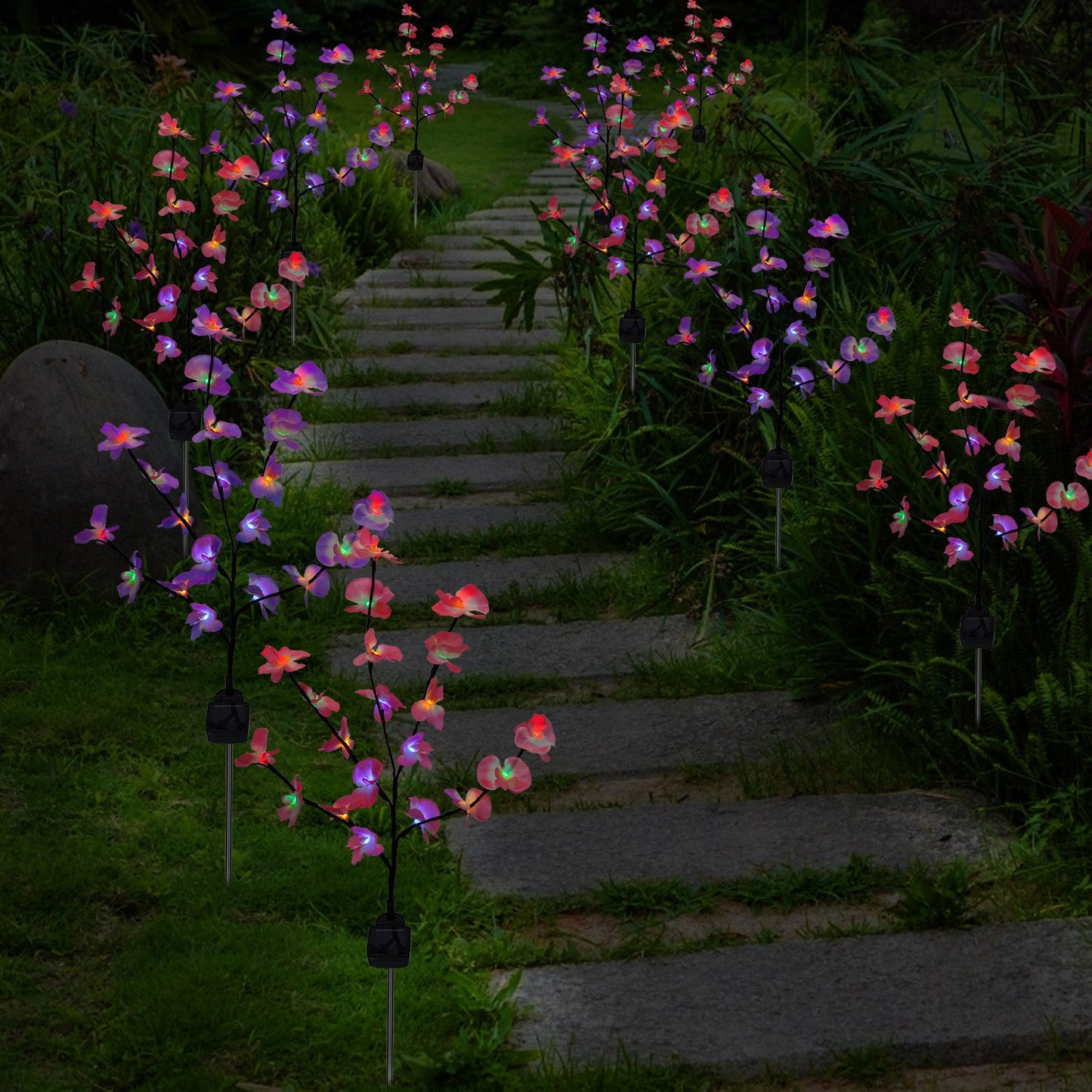 2Pcs Solar Powered Garden Light Orchid Flower Stake Lamps Waterproof LED Lawn Lights
