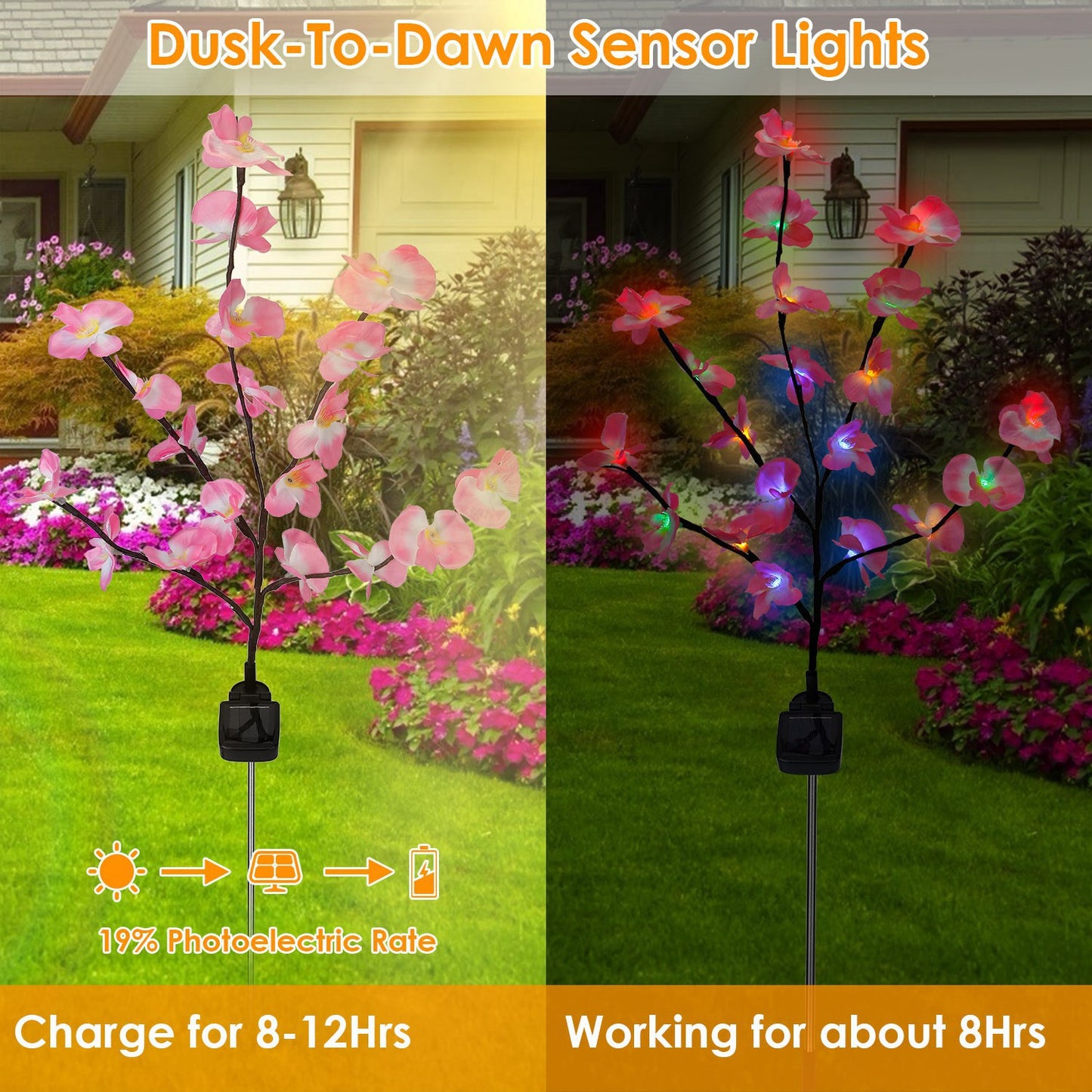2Pcs Solar Powered Garden Light Orchid Flower Stake Lamps Waterproof LED Lawn Lights