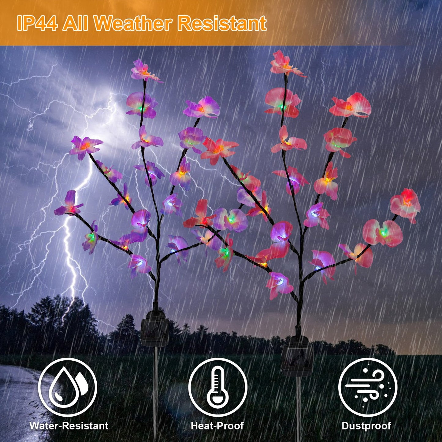 2Pcs Solar Powered Garden Light Orchid Flower Stake Lamps Waterproof LED Lawn Lights