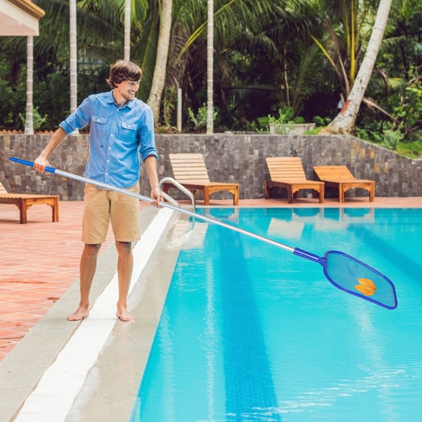 Swinging Pool Skimmer Cleaner Mesh Net Leaf Cleaning Scoop Pool Leaf Rake Debris Skimmer w/ Fine Mesh 4 Telescopic Pole Sections