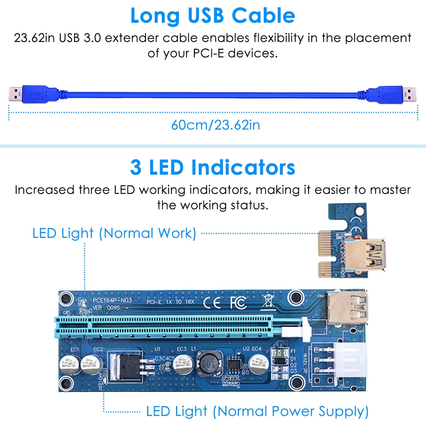 5Sets PCI-E PCI Express Risers GPU Mining Powered Riser Adapter Card w/ 23.62in USB 3.0 Cable