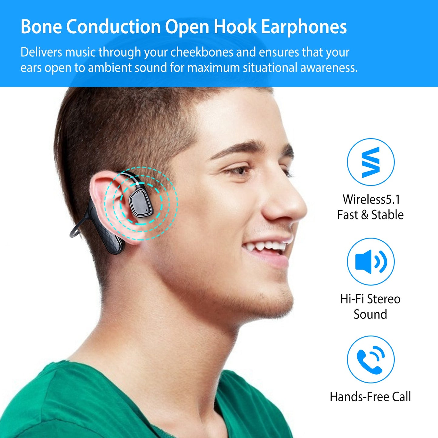 Wireless V5.1 Bone Conduction Earphones Open-Ear Wireless Headsets Music Sport Wireless Open Hook Earphone w/ Sensitive Mic