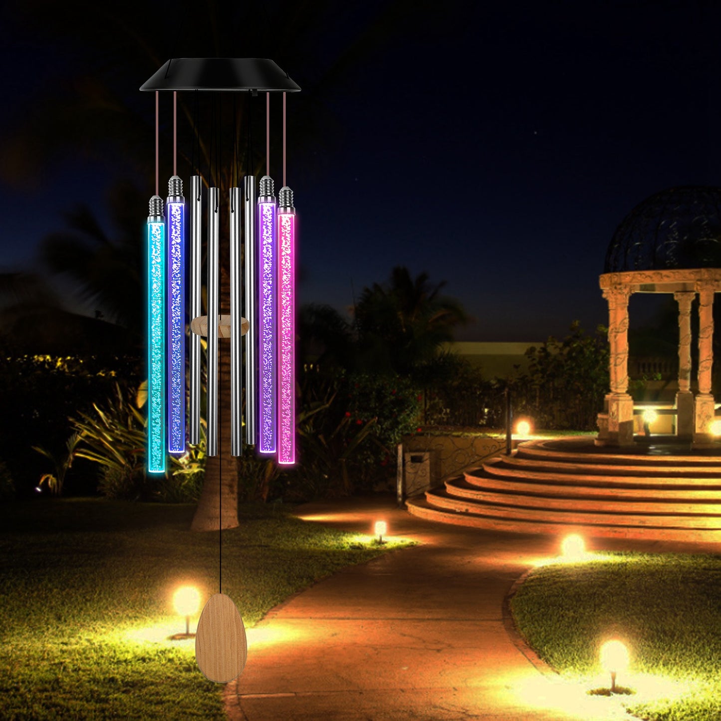 Solar Wind Chime Lights 7 Color Changing Decorative Lamp IP65 Waterproof Hanging String Lights w/ Dual Pendants For Home Garden Party