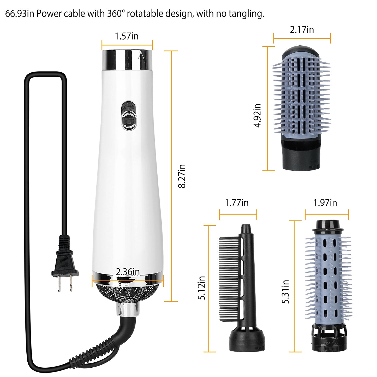3 In 1 Hot Air Brush One-Step Hair Dryer Comb 3 Interchangeable Brush Combs Volumizer Hair Curler Straightener 66.93in Rotatable Cable