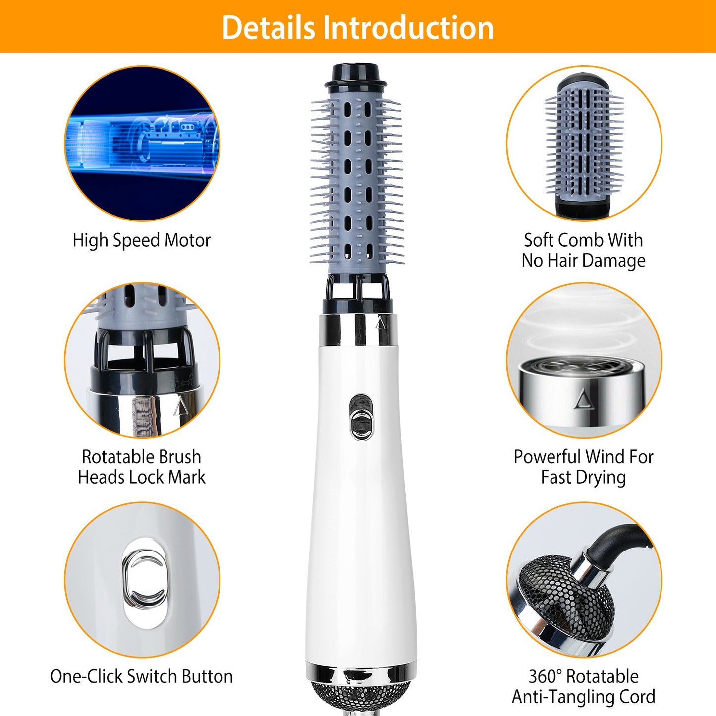 3 In 1 Hot Air Brush One-Step Hair Dryer Comb 3 Interchangeable Brush Combs Volumizer Hair Curler Straightener 66.93in Rotatable Cable