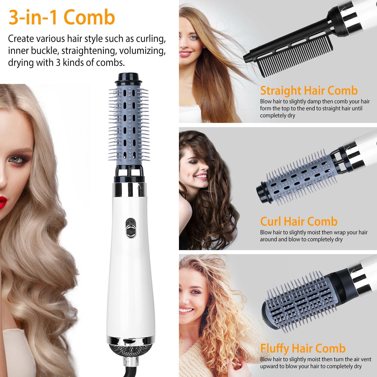 3 In 1 Hot Air Brush One-Step Hair Dryer Comb 3 Interchangeable Brush Combs Volumizer Hair Curler Straightener 66.93in Rotatable Cable