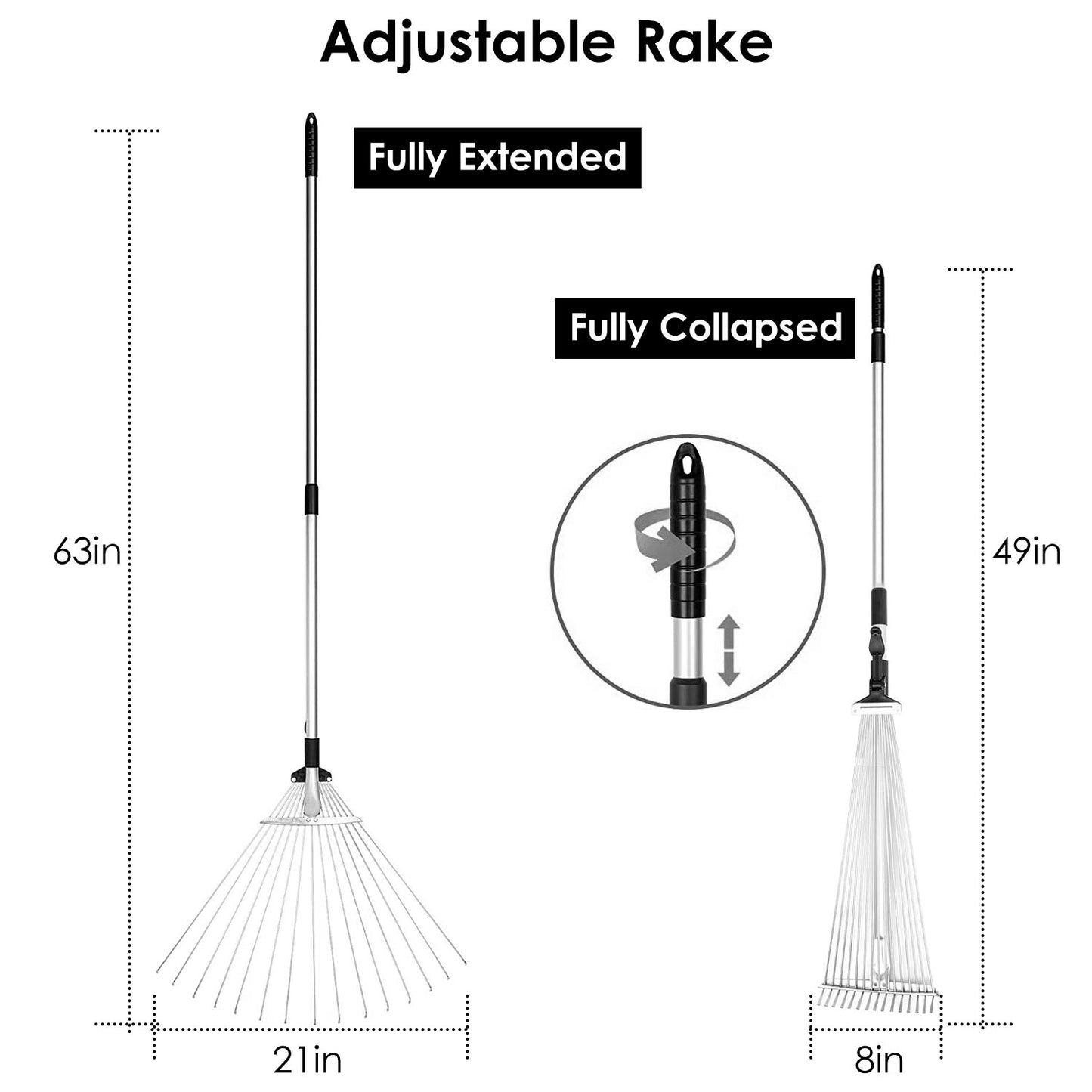 63in Adjustable Garden Leaf Rake 15 Teeth Expanding Stainless Steel Rake For Quick Clean Lawn Yard Garden w/ 7-21inch Teeth Width Folding