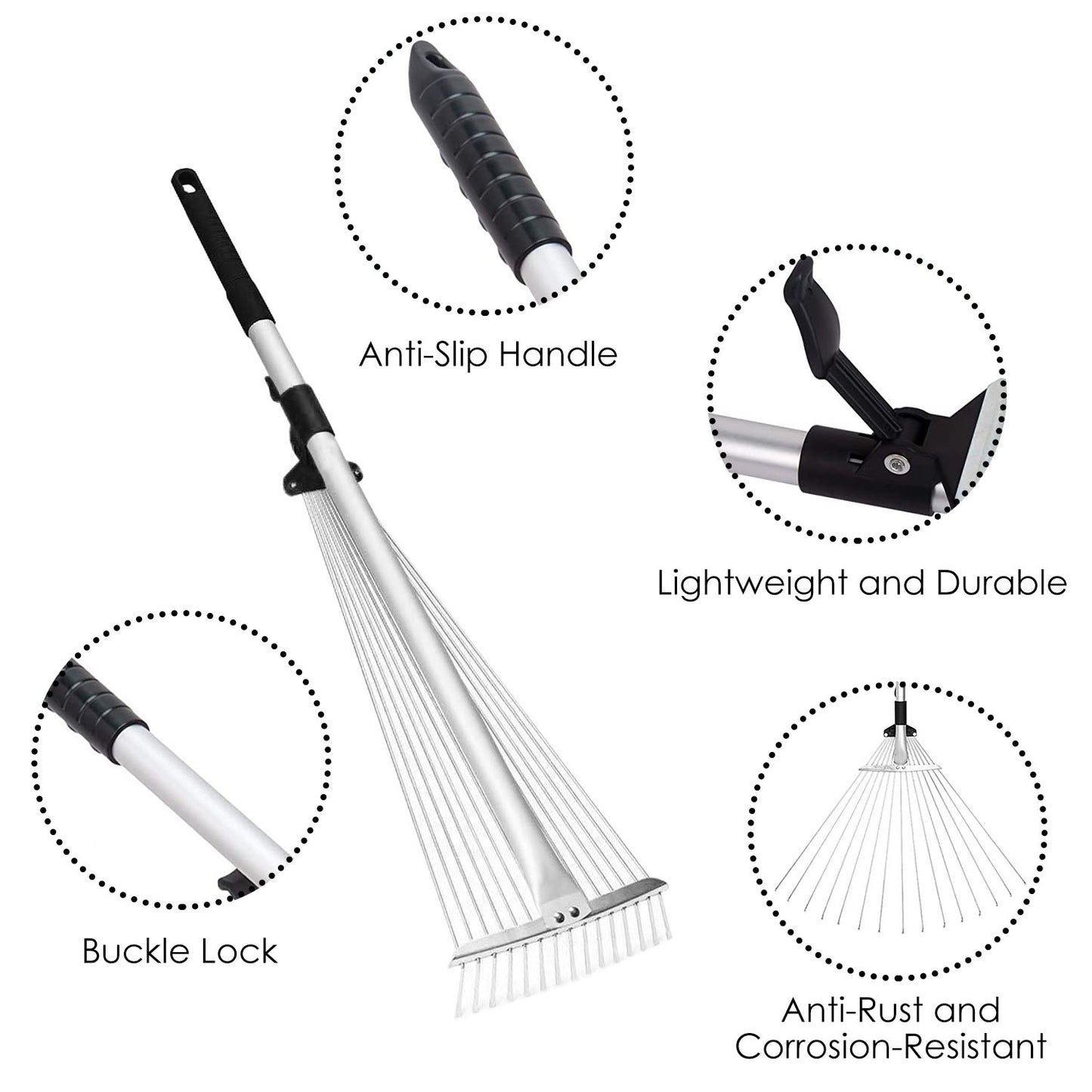 63in Adjustable Garden Leaf Rake 15 Teeth Expanding Stainless Steel Rake For Quick Clean Lawn Yard Garden w/ 7-21inch Teeth Width Folding