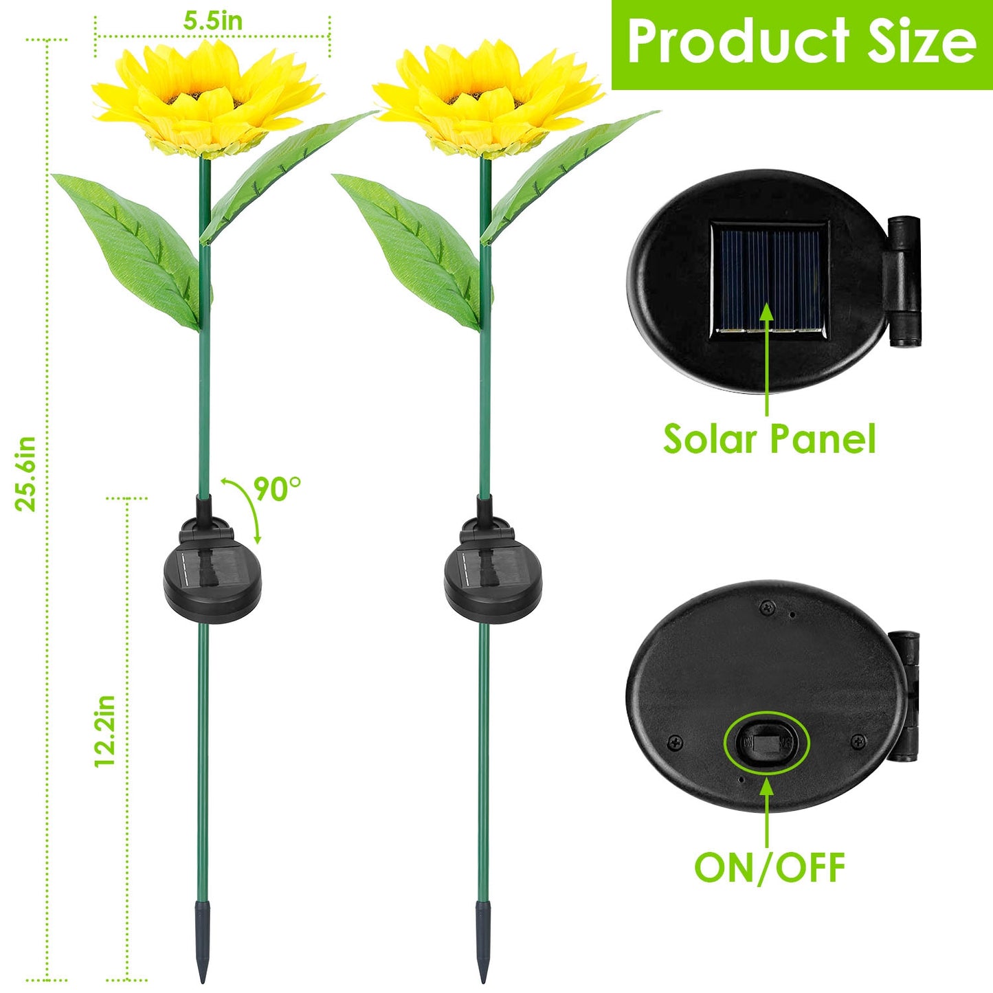 2Pcs Solar Powered Sunflower Lights 10 LED Decorative Stake Lamp IP65 Waterproof Pathway Landscape Lights For Garden Patio Yard Walkway