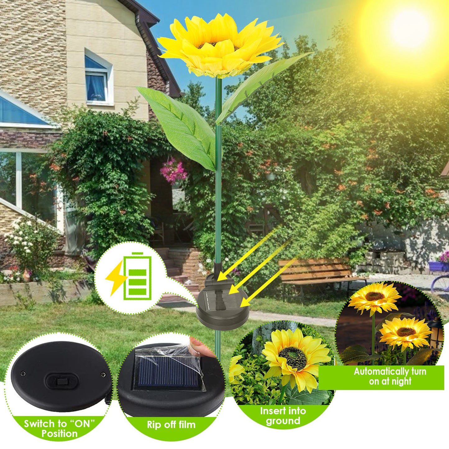 2Pcs Solar Powered Sunflower Lights 10 LED Decorative Stake Lamp IP65 Waterproof Pathway Landscape Lights For Garden Patio Yard Walkway