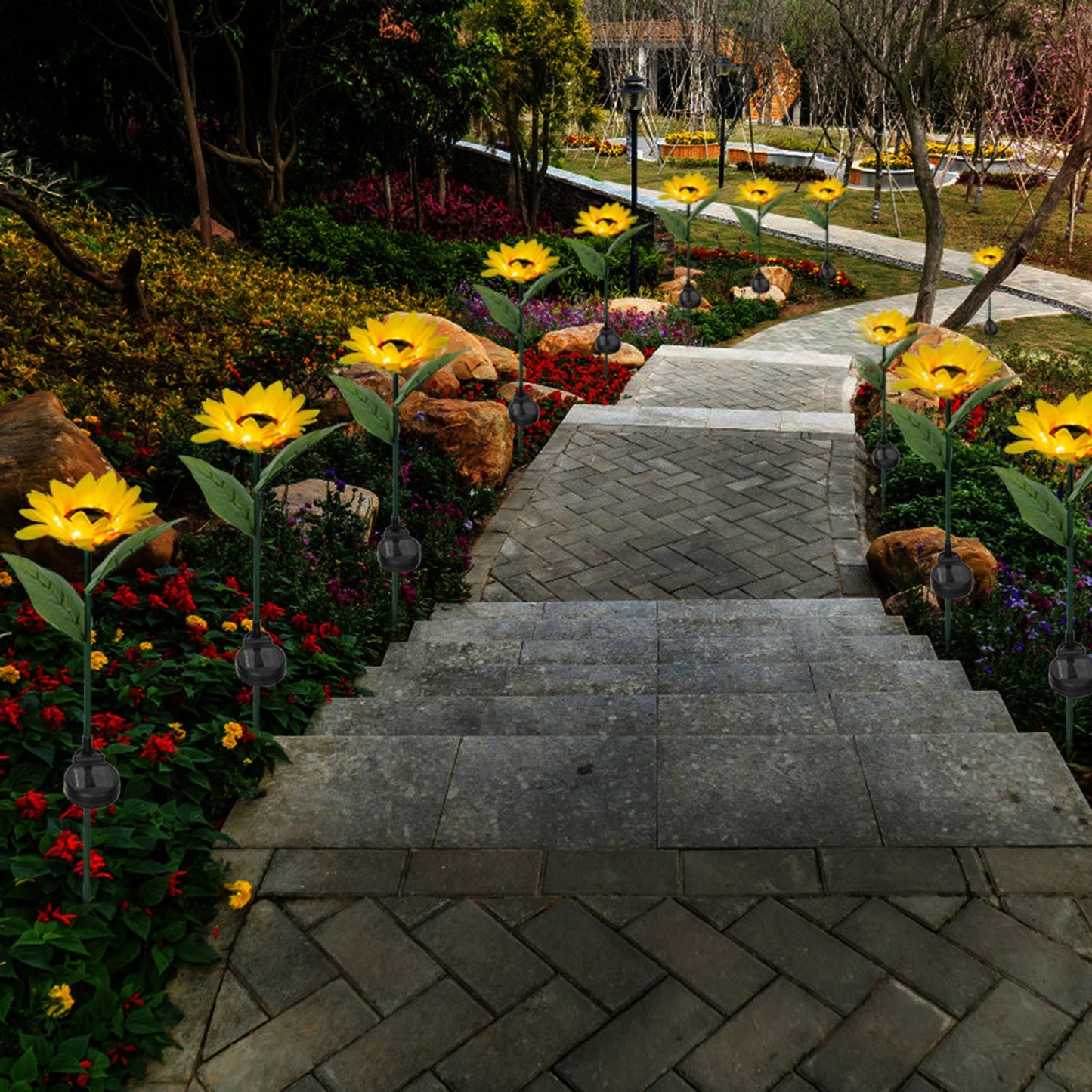 2Pcs Solar Powered Sunflower Lights 10 LED Decorative Stake Lamp IP65 Waterproof Pathway Landscape Lights For Garden Patio Yard Walkway