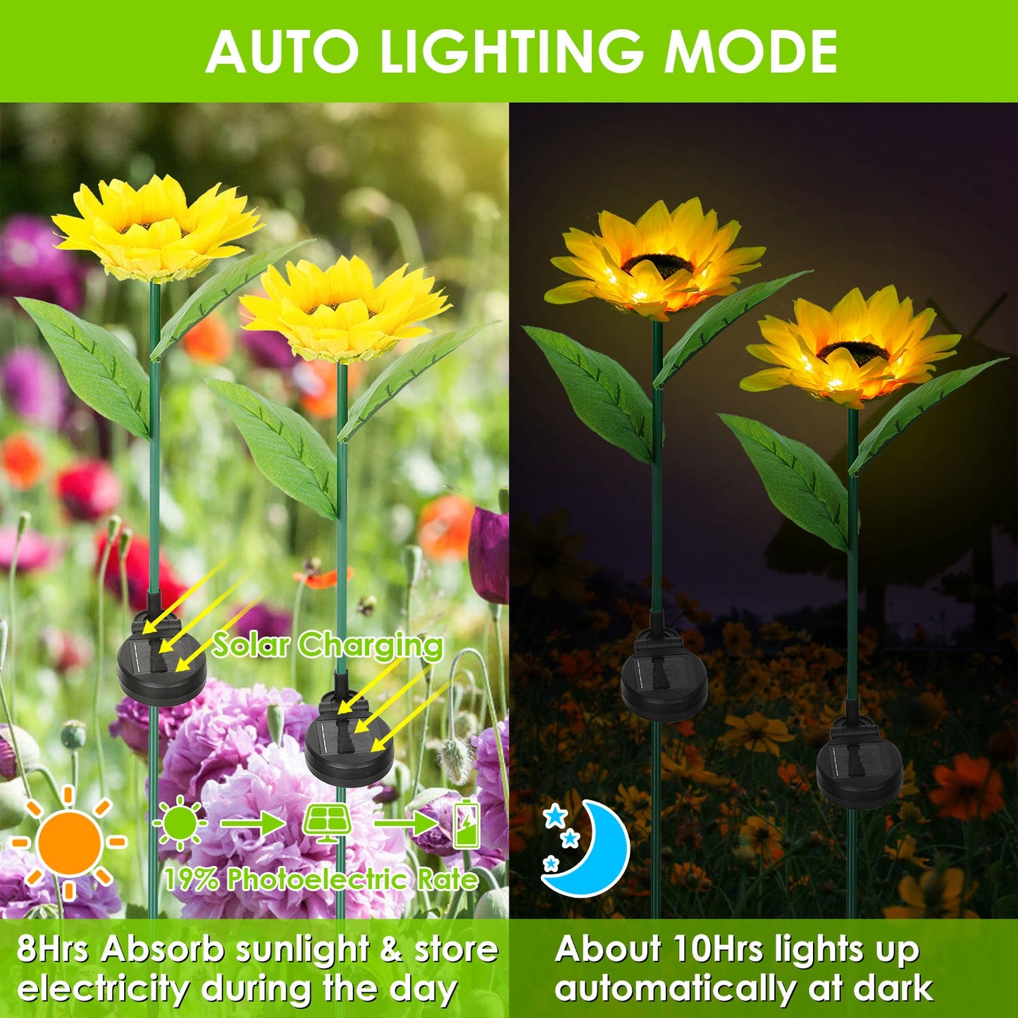2Pcs Solar Powered Sunflower Lights 10 LED Decorative Stake Lamp IP65 Waterproof Pathway Landscape Lights For Garden Patio Yard Walkway