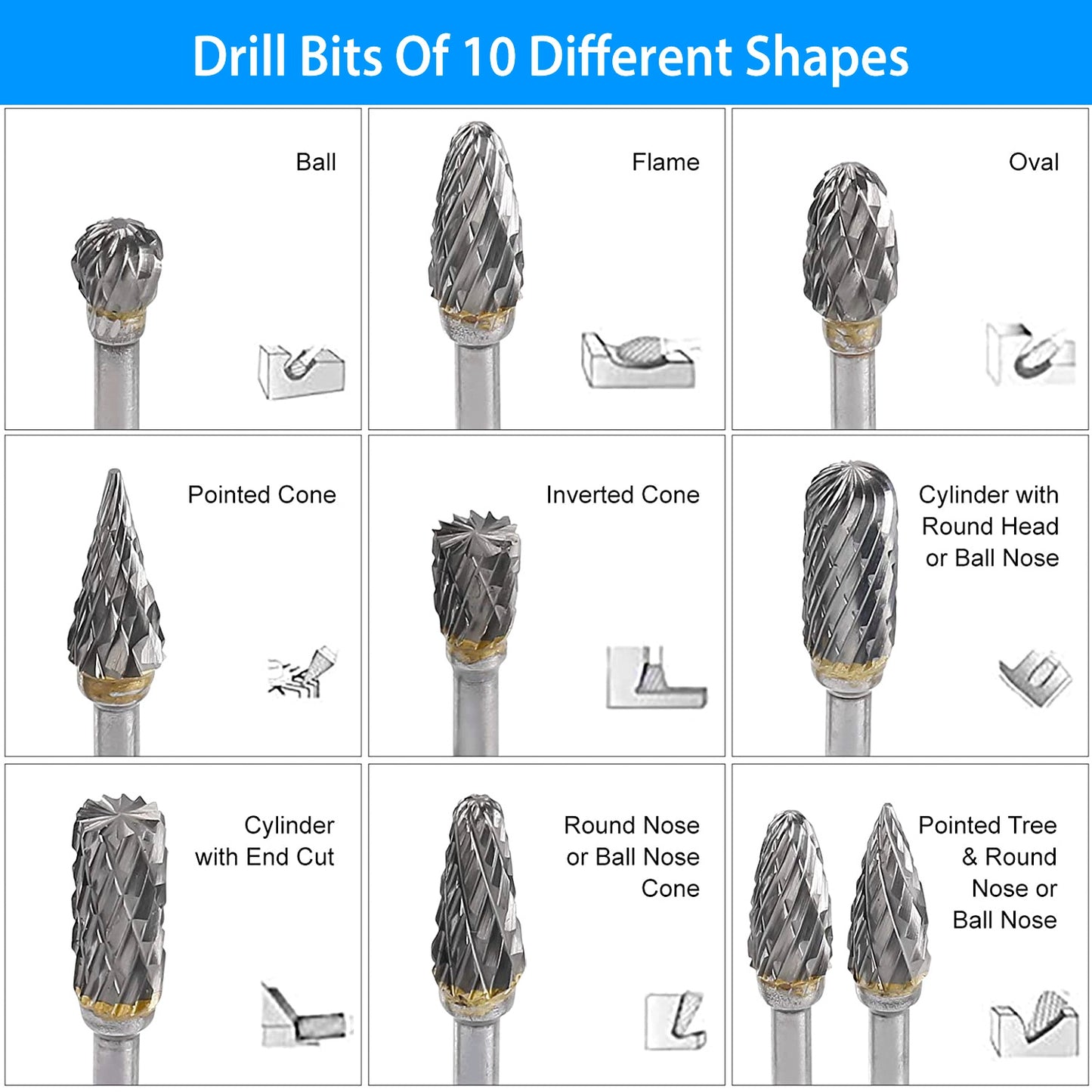 10Pcs Double Cut Carbide Rotary Die Grinder Bit Set 1/8in Shank 1/4in Head Fit for Dremel Grinder Drill DIY Wood Working Carving Metal