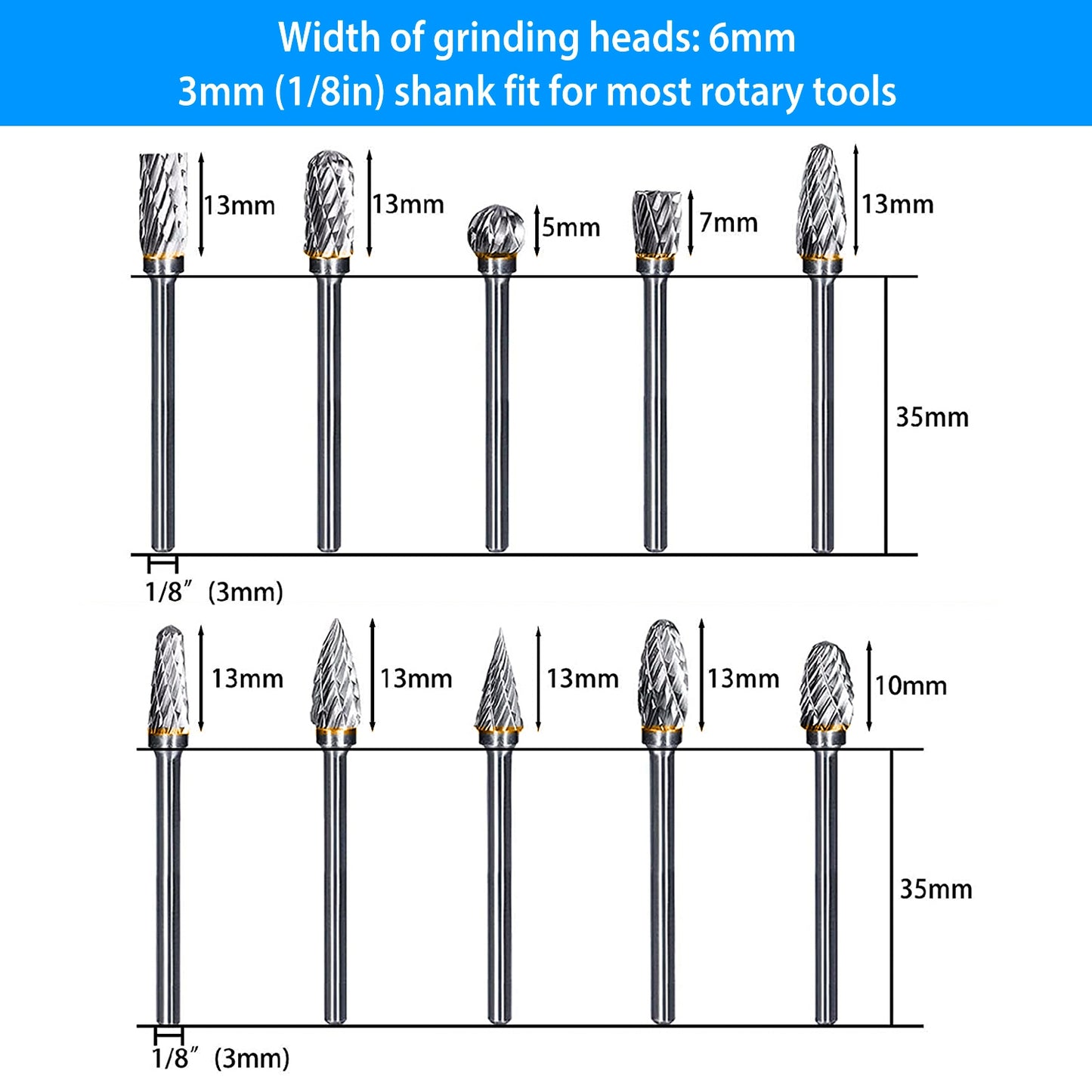 10Pcs Double Cut Carbide Rotary Die Grinder Bit Set 1/8in Shank 1/4in Head Fit for Dremel Grinder Drill DIY Wood Working Carving Metal