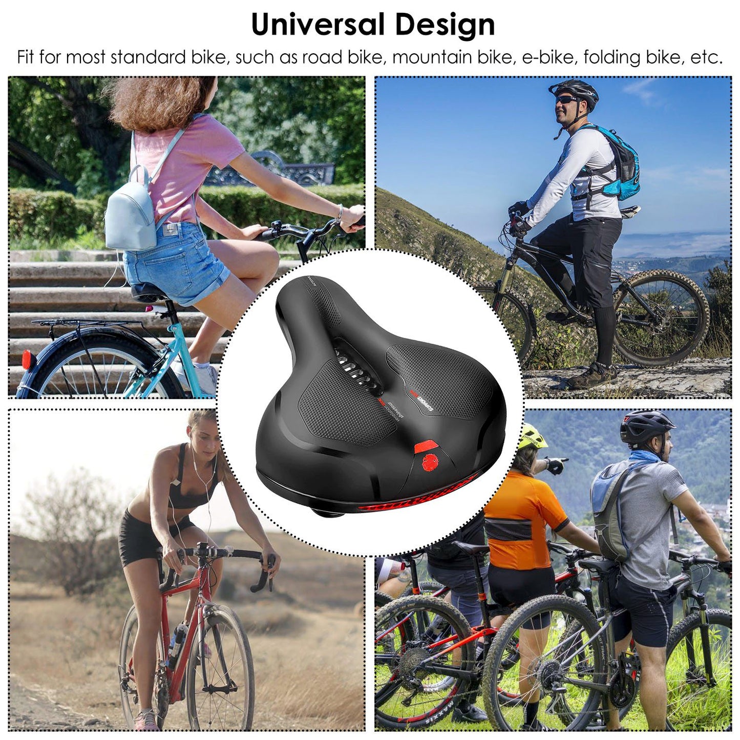Comfortable Bike Seat Water Resistant MTB Bicycle Padded Saddle Replacement Wide Bicycle Saddle w/ Hollow Design Reflective Stripe