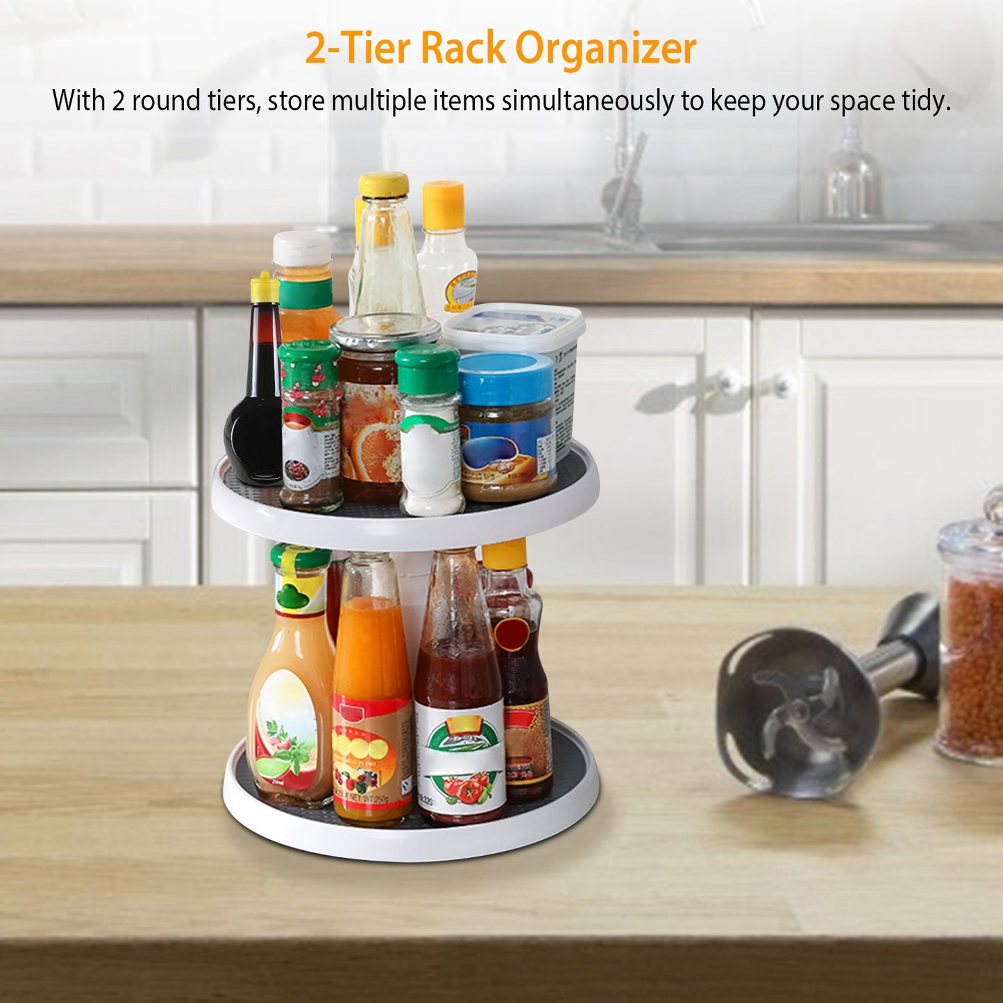 2 Tier Lazy Susan 360° Turntable Non Skid Kitchen Spice Rack Organizer 10 Inch Height Adjustable Storage Rack For Cabinet Counter Bathroom