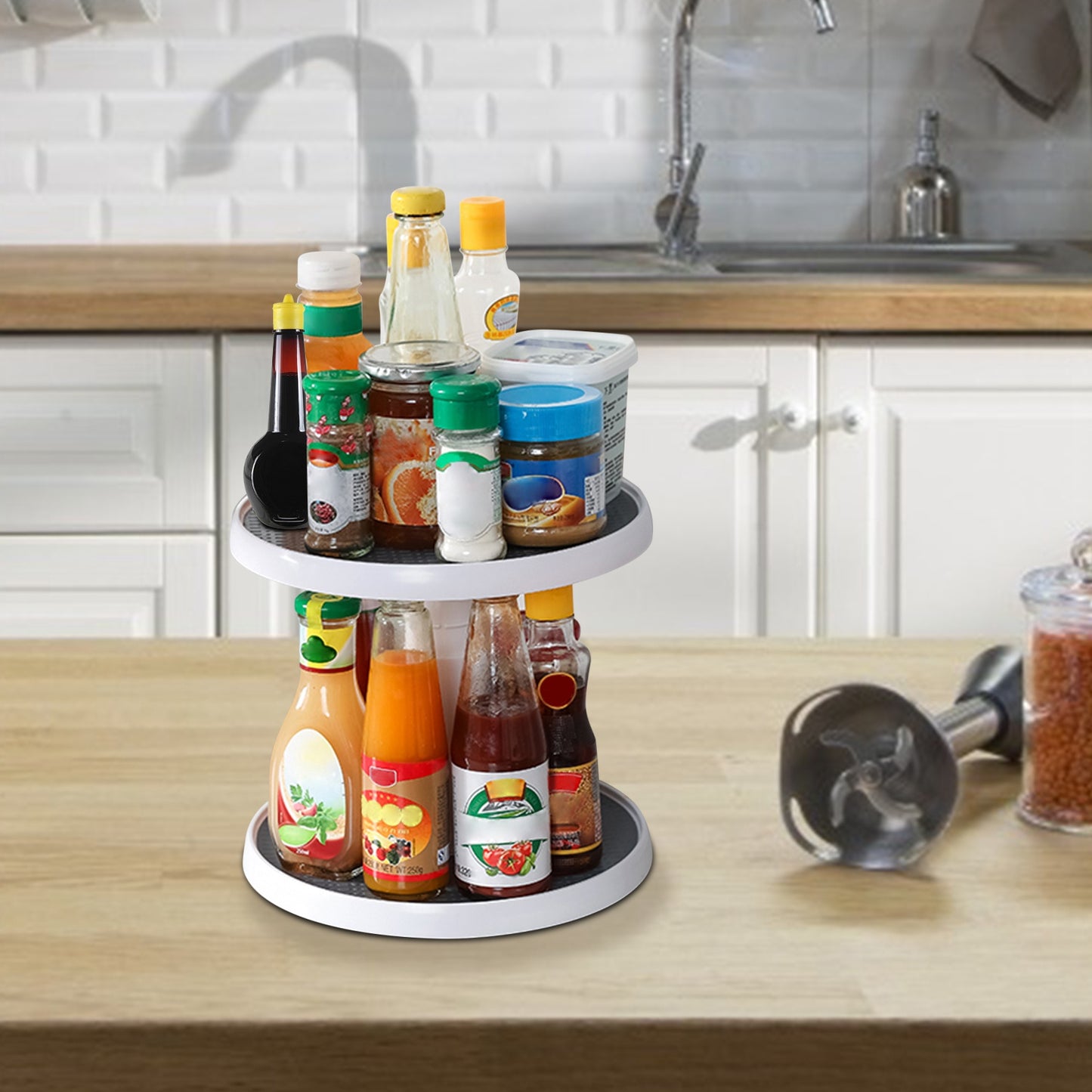 2 Tier Lazy Susan 360° Turntable Non Skid Kitchen Spice Rack Organizer 10 Inch Height Adjustable Storage Rack For Cabinet Counter Bathroom