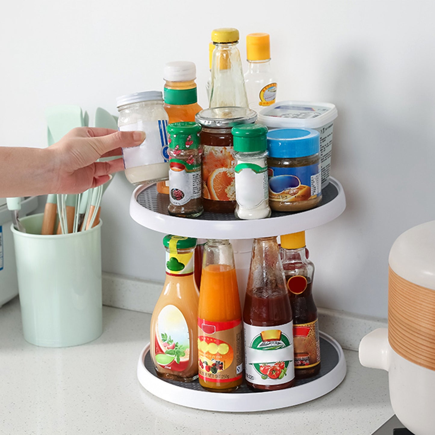 2 Tier Lazy Susan 360° Turntable Non Skid Kitchen Spice Rack Organizer 10 Inch Height Adjustable Storage Rack For Cabinet Counter Bathroom