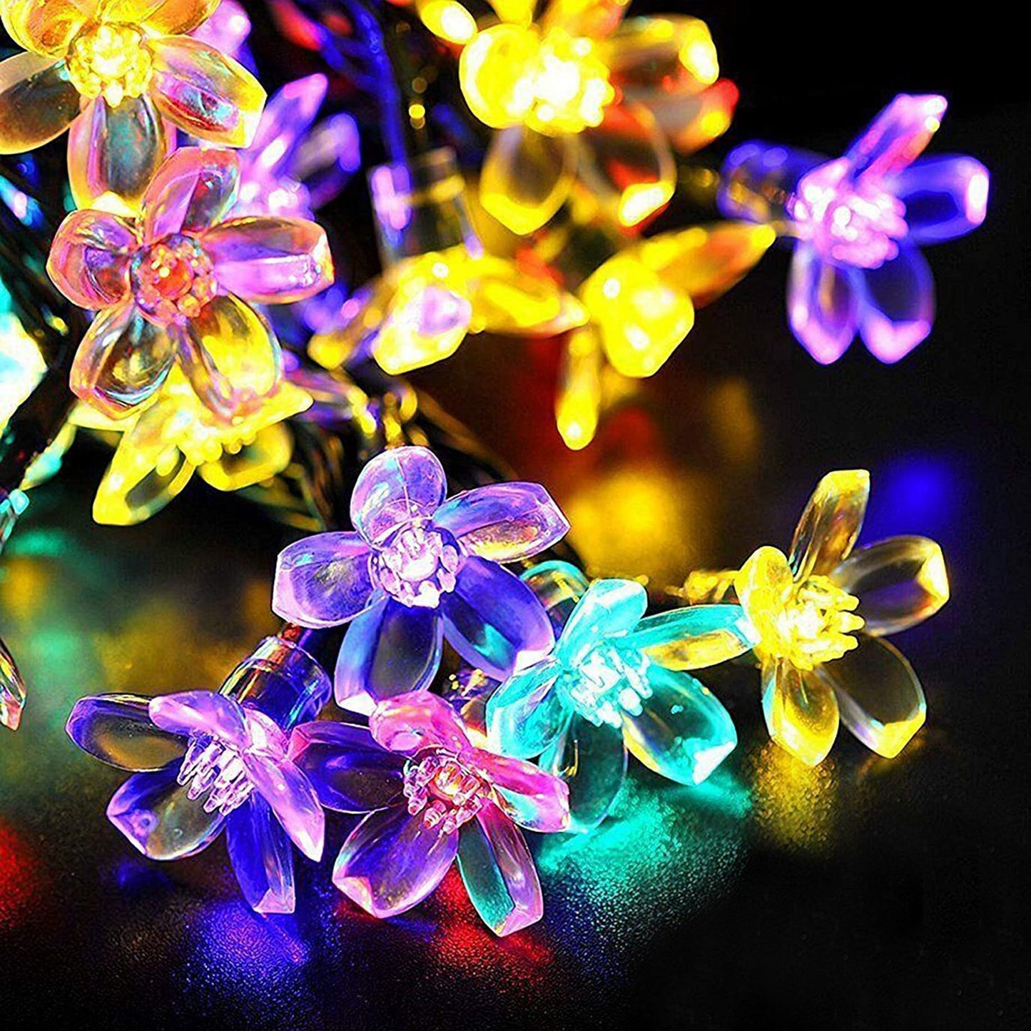 2Pcs Solar Powered String Lights 50LED Beads Fairy Sakura Flower Blossom Lights IP65 Waterproof Colorful Decorative Party Christmas