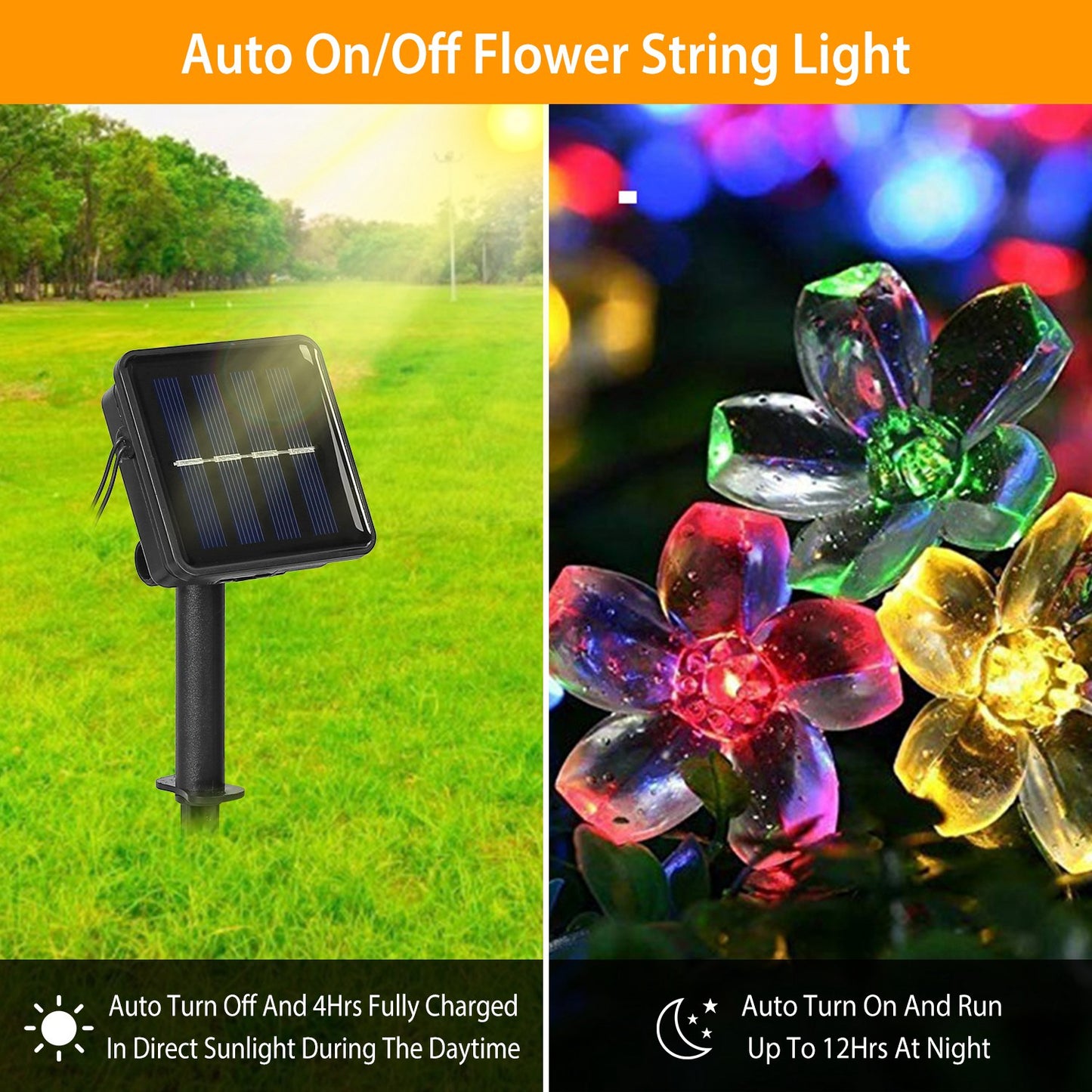 2Pcs Solar Powered String Lights 50LED Beads Fairy Sakura Flower Blossom Lights IP65 Waterproof Colorful Decorative Party Christmas