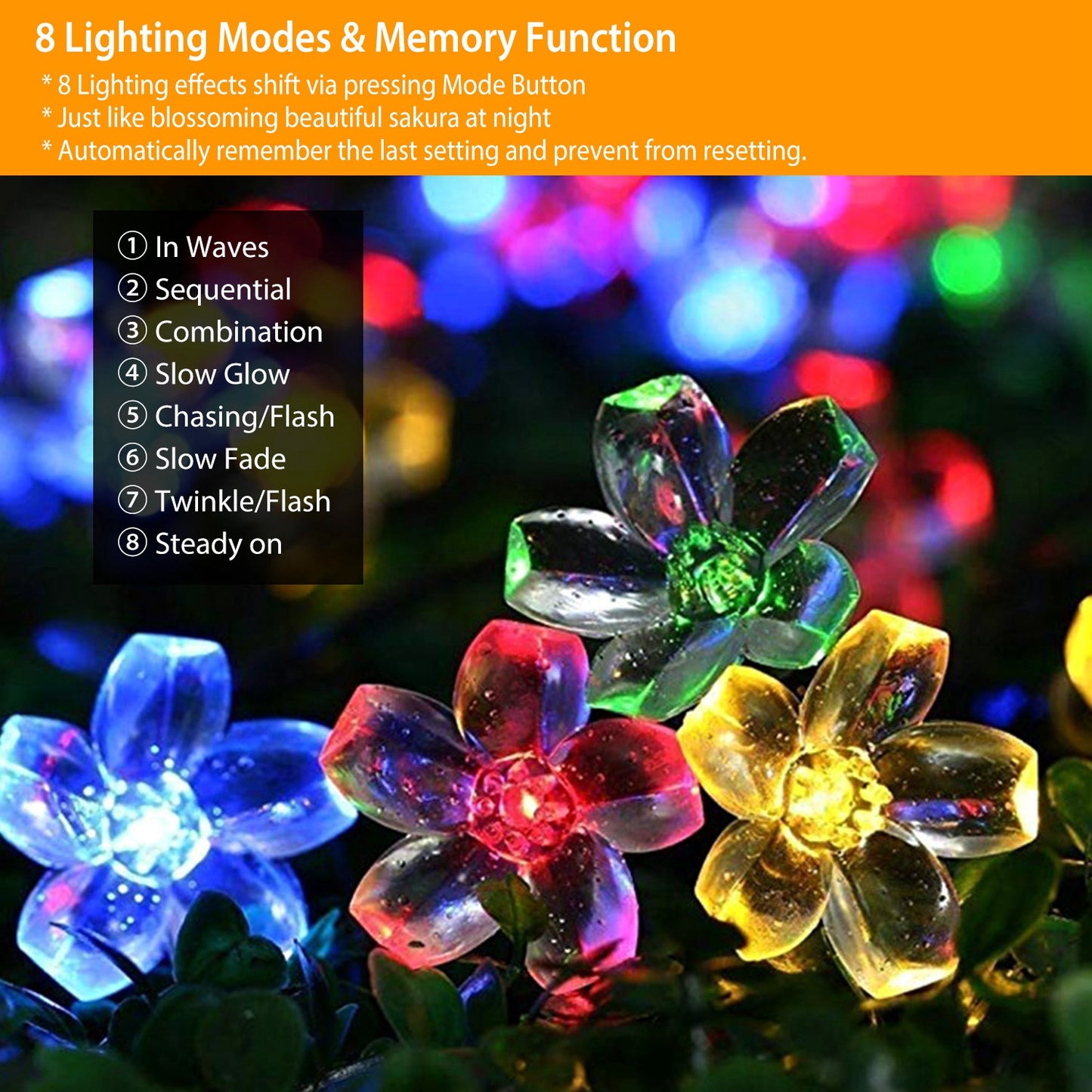 2Pcs Solar Powered String Lights 50LED Beads Fairy Sakura Flower Blossom Lights IP65 Waterproof Colorful Decorative Party Christmas