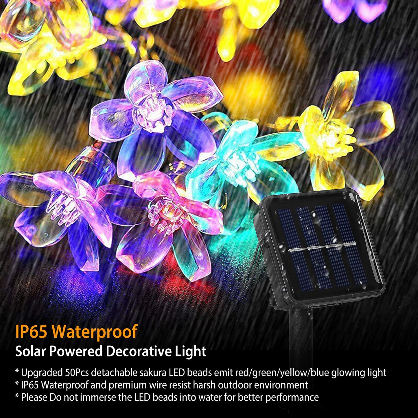 2Pcs Solar Powered String Lights 50LED Beads Fairy Sakura Flower Blossom Lights IP65 Waterproof Colorful Decorative Party Christmas