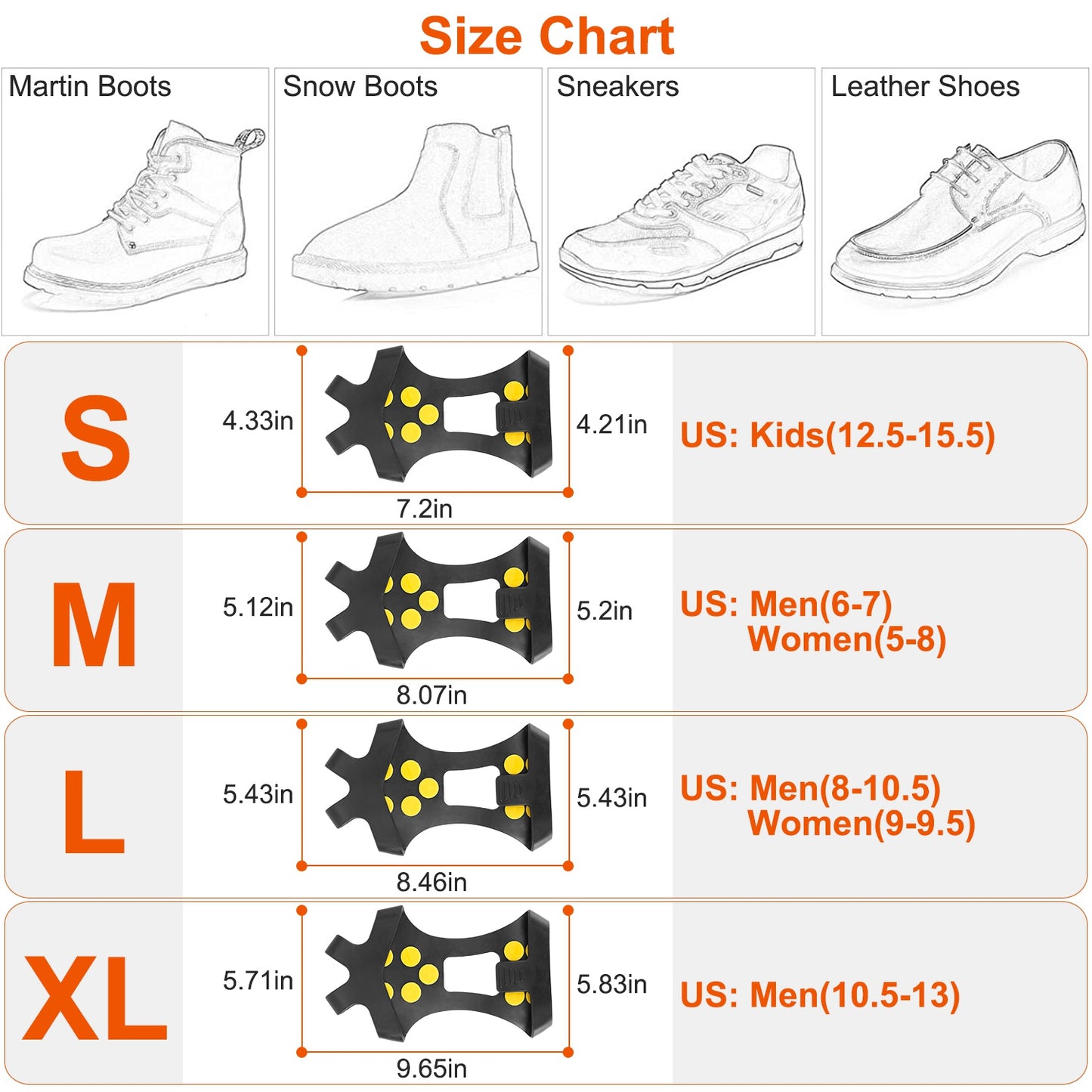 Ice Snow Grips Anti Slip Over Shoe Spikes Boot Traction Cleat Portable Ice Grippers Footwear w/ 10 Steel Studs S Size