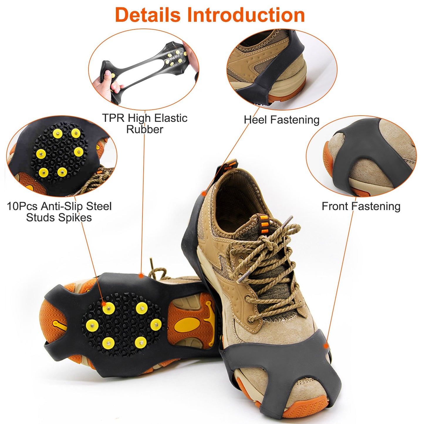 Ice Snow Grips Anti Slip Over Shoe Spikes Boot Traction Cleat Portable Ice Grippers Footwear w/ 10 Steel Studs S Size