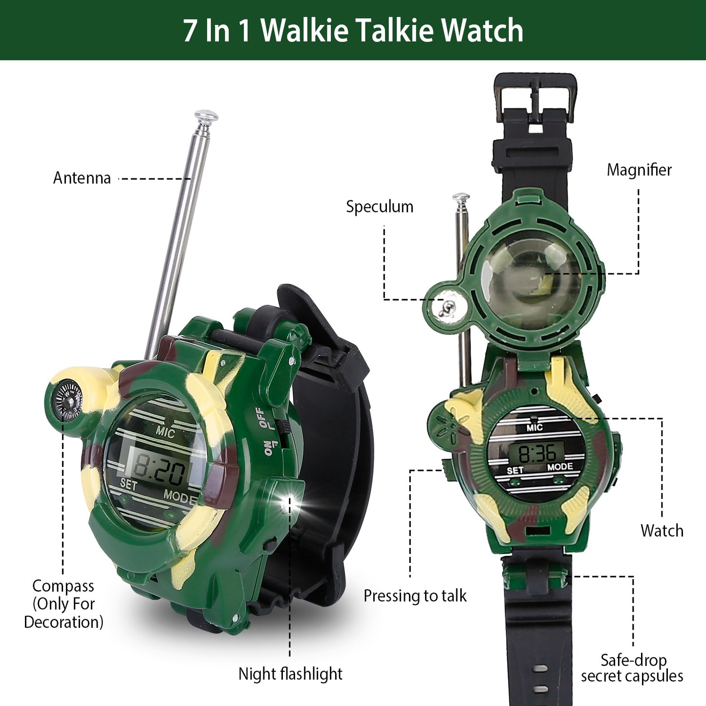 2Pcs Walkie Talkies Watches Toy 7 in 1 Two-Way Interphone Kids Wrist Watch w/ Flashlight Christmas Gift for Boys Girls Age 6+