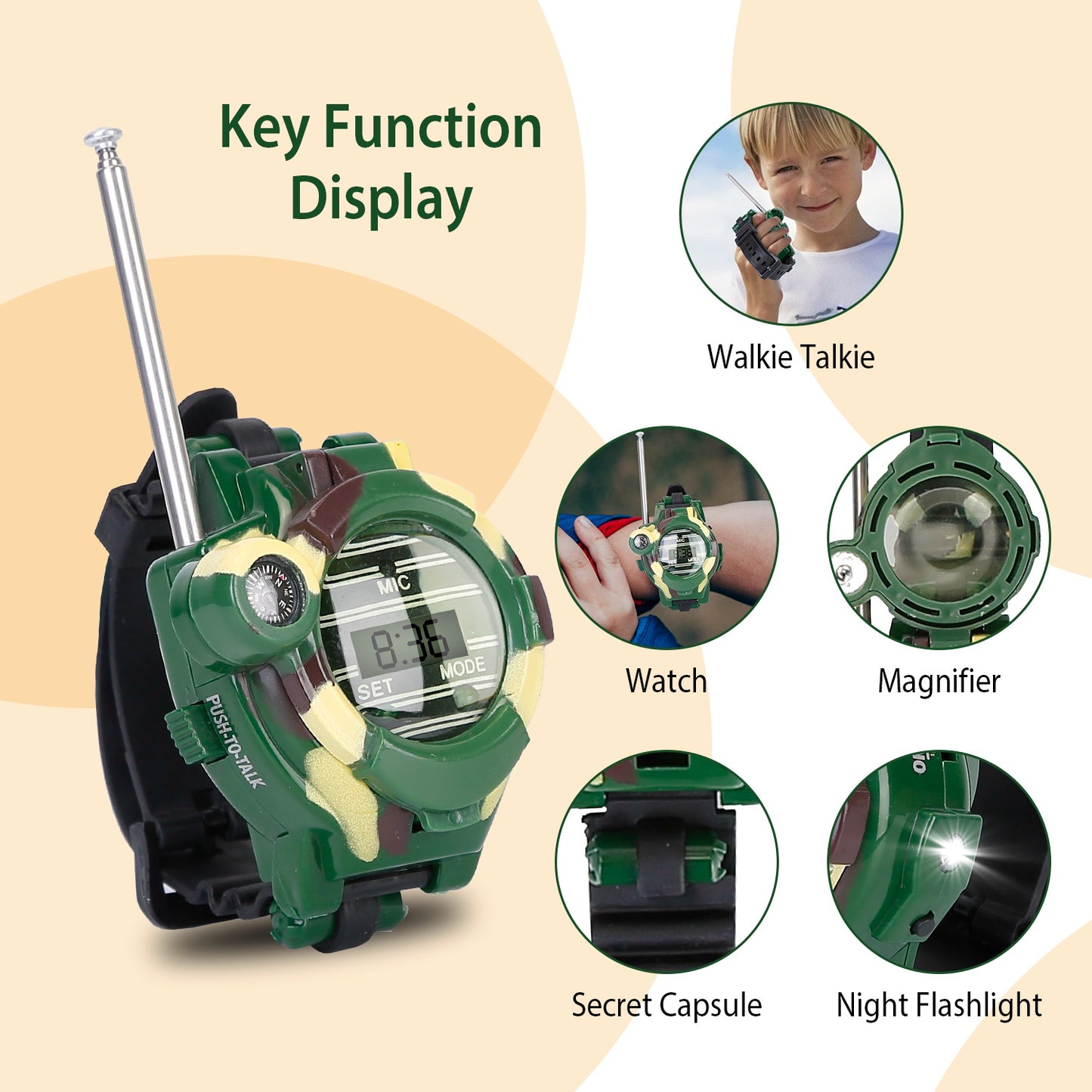 2Pcs Walkie Talkies Watches Toy 7 in 1 Two-Way Interphone Kids Wrist Watch w/ Flashlight Christmas Gift for Boys Girls Age 6+