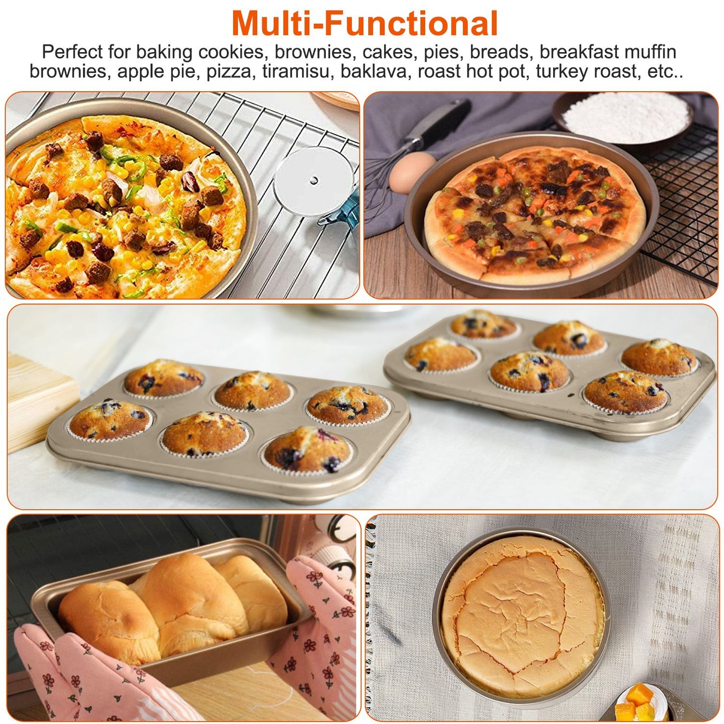 5Pcs Nonstick Bakeware Set Baking Tray Ovenware Sheet Kit w/ 6-Cup Muffin Pan Square Pan Loaf Pan Pizza Pan Live Bottom Round Cake Pan