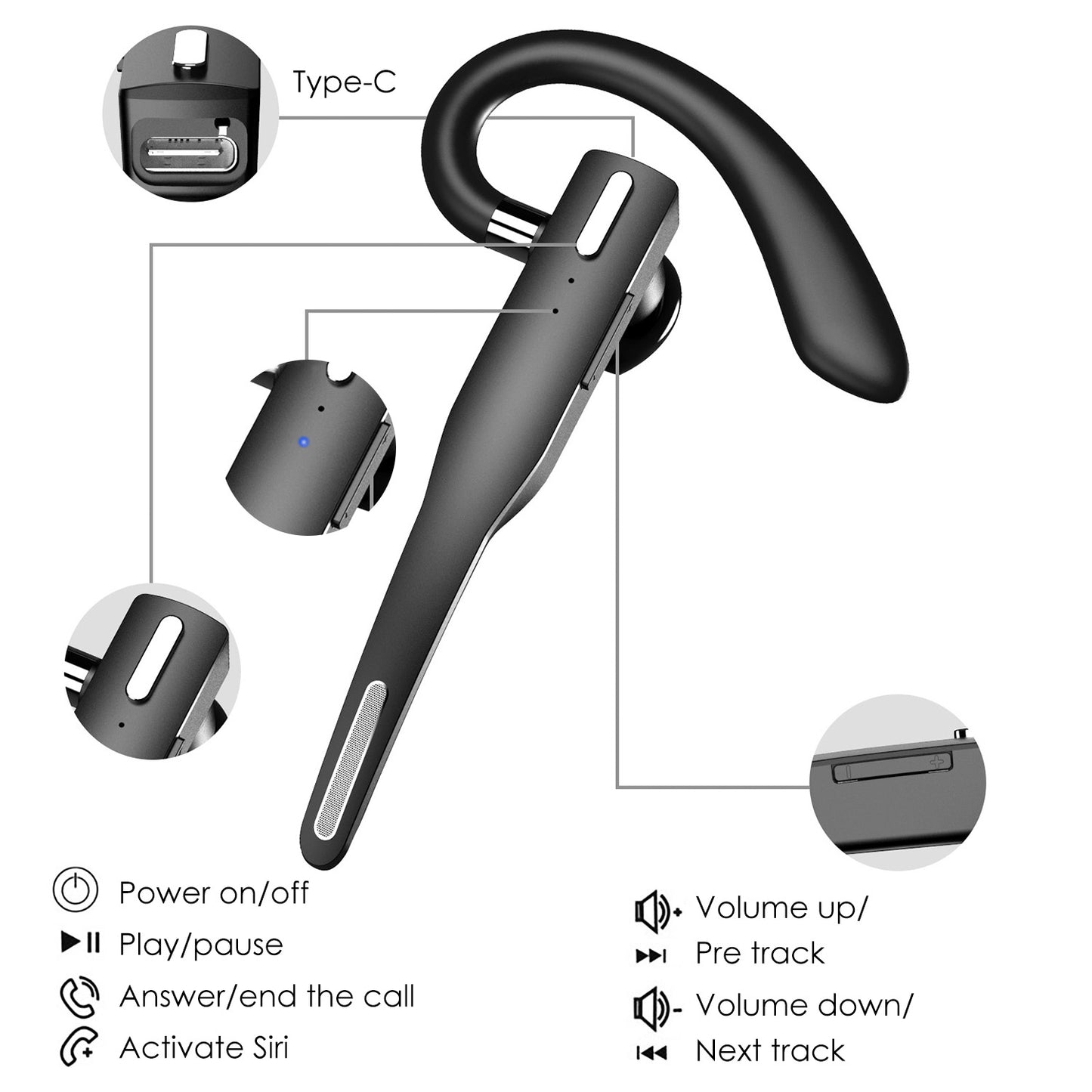 Wireless V5.1 Business Earpiece with Charging Case Rechargeable Wireless in-Ear Headset
