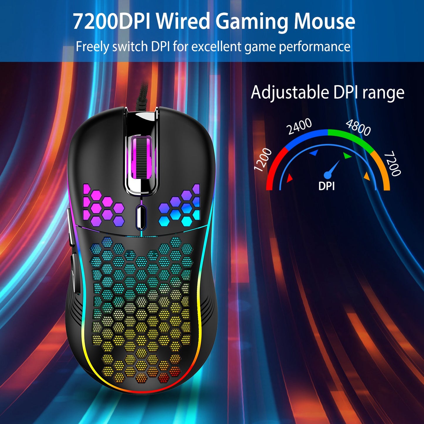 Wired Gaming Mouse 7200 DPI Laptop Optical Mouse Honeycomb Lightweight Mouse with 4 Adjustable DPI Levels 7 Changeable Colors 6 Keys