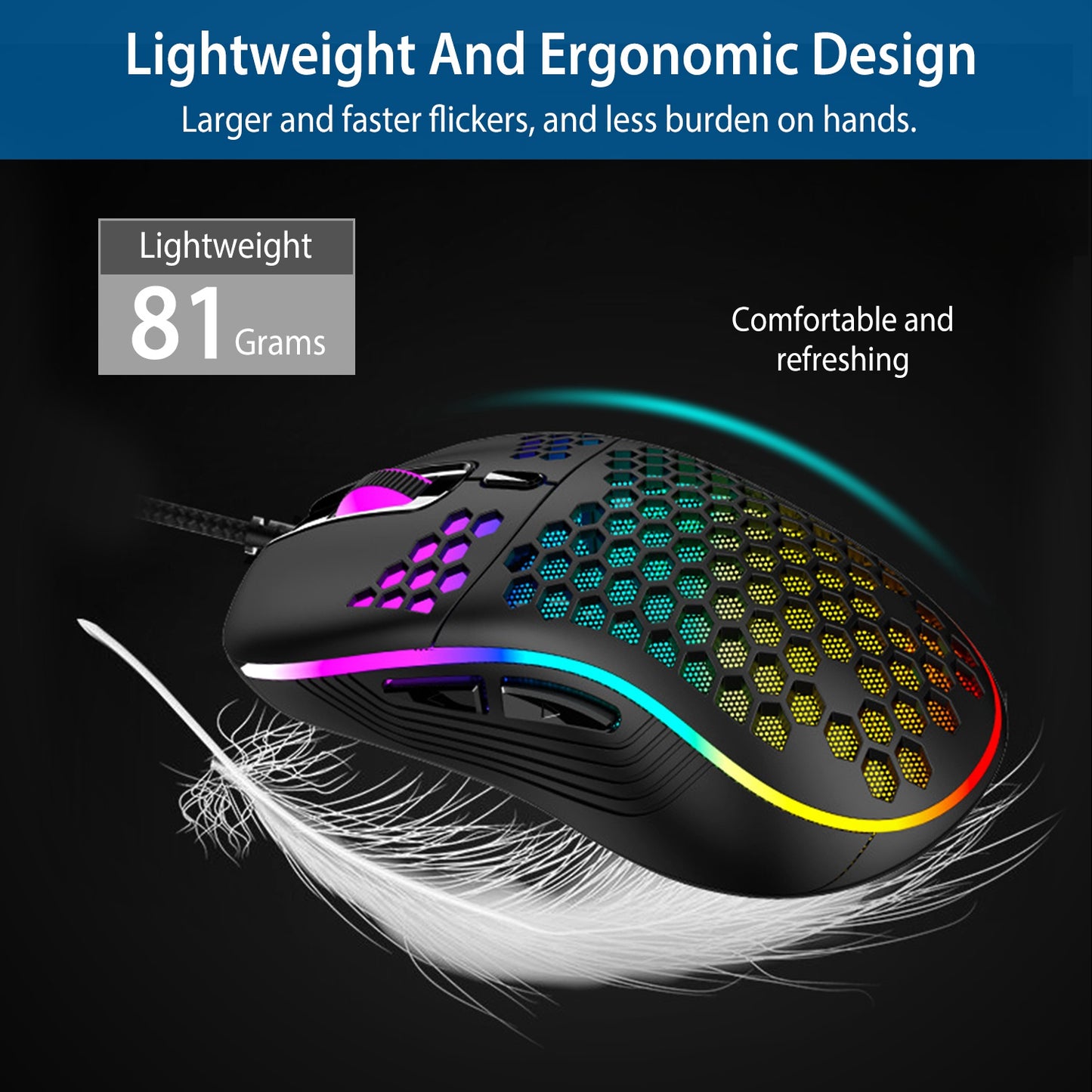 Wired Gaming Mouse 7200 DPI Laptop Optical Mouse Honeycomb Lightweight Mouse with 4 Adjustable DPI Levels 7 Changeable Colors 6 Keys