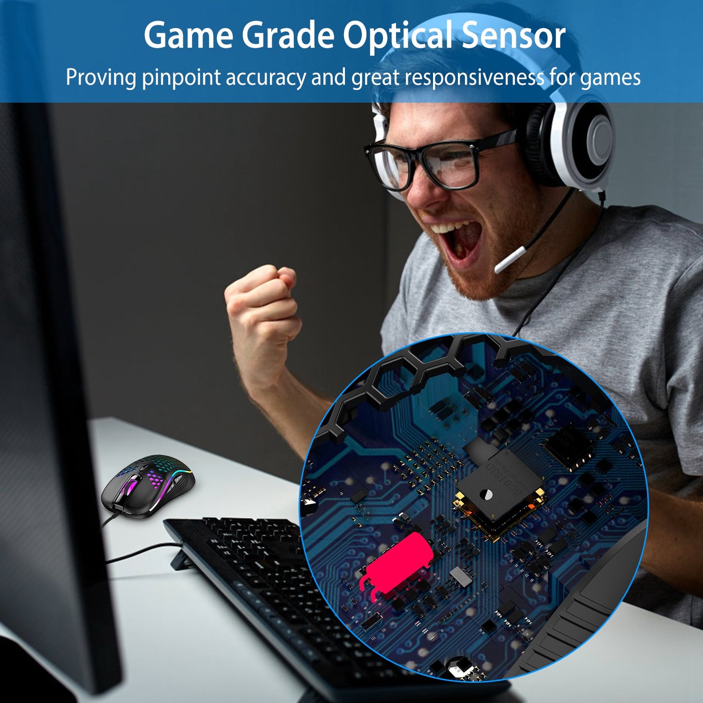 Wired Gaming Mouse 7200 DPI Laptop Optical Mouse Honeycomb Lightweight Mouse with 4 Adjustable DPI Levels 7 Changeable Colors 6 Keys