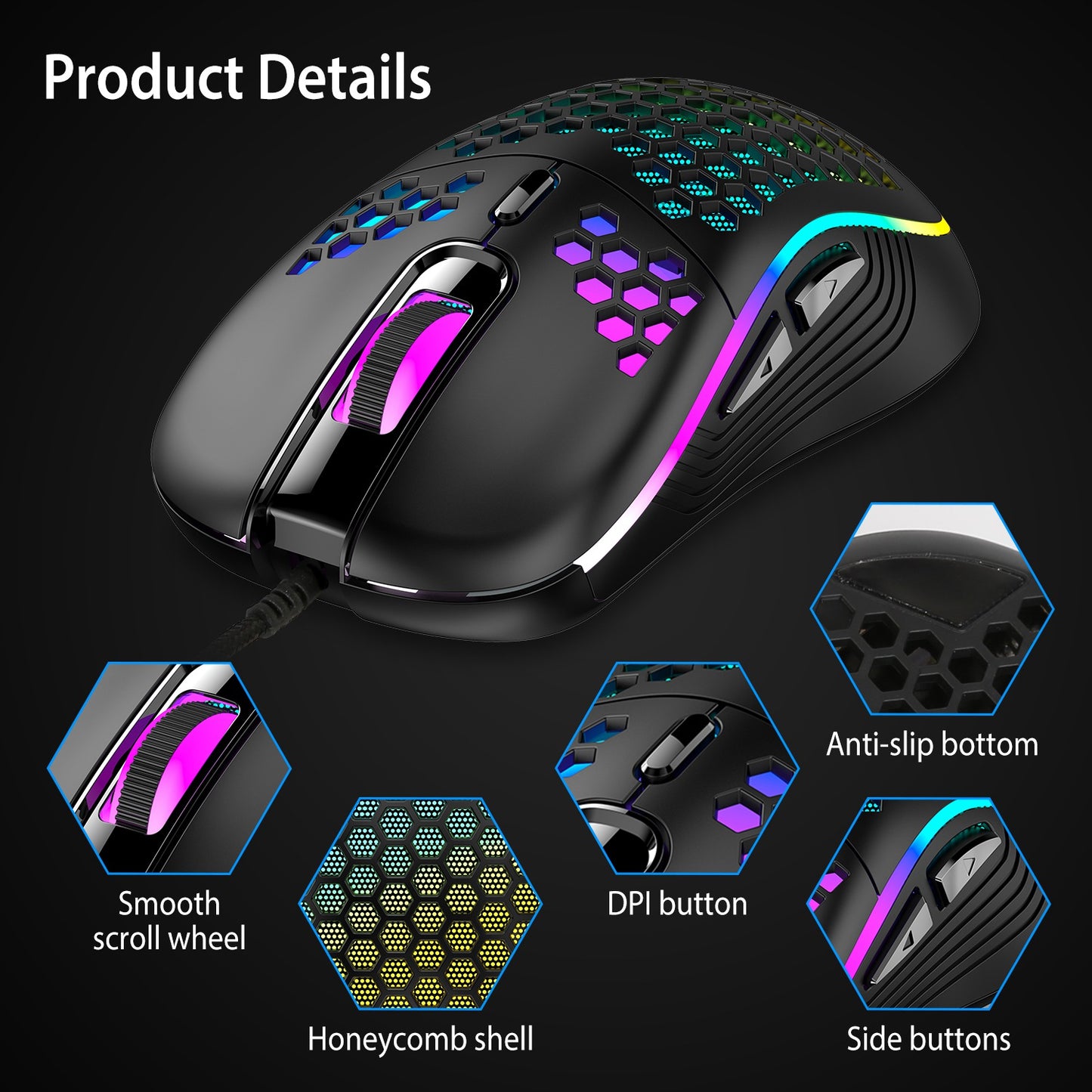 Wired Gaming Mouse 7200 DPI Laptop Optical Mouse Honeycomb Lightweight Mouse with 4 Adjustable DPI Levels 7 Changeable Colors 6 Keys