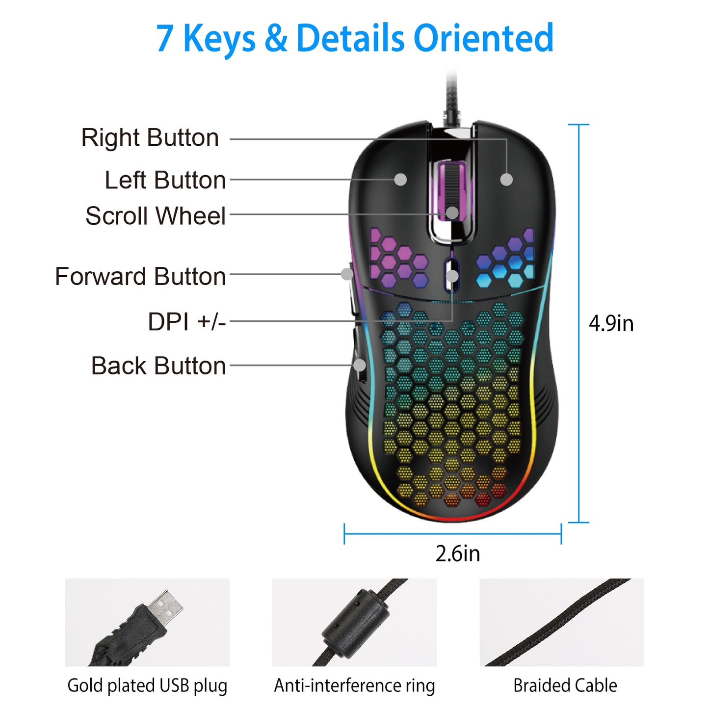 Wired Gaming Mouse 7200 DPI Laptop Optical Mouse Honeycomb Lightweight Mouse with 4 Adjustable DPI Levels 7 Changeable Colors 6 Keys