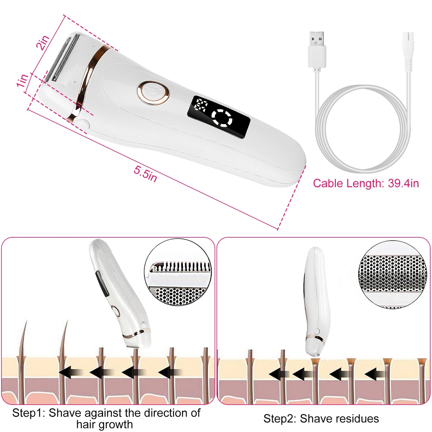 Women's Shaver Electric Hair Remover Body Razor Cordless Bikini Trimmer Rechargeable Wet Dry Epilator for Leg Arm