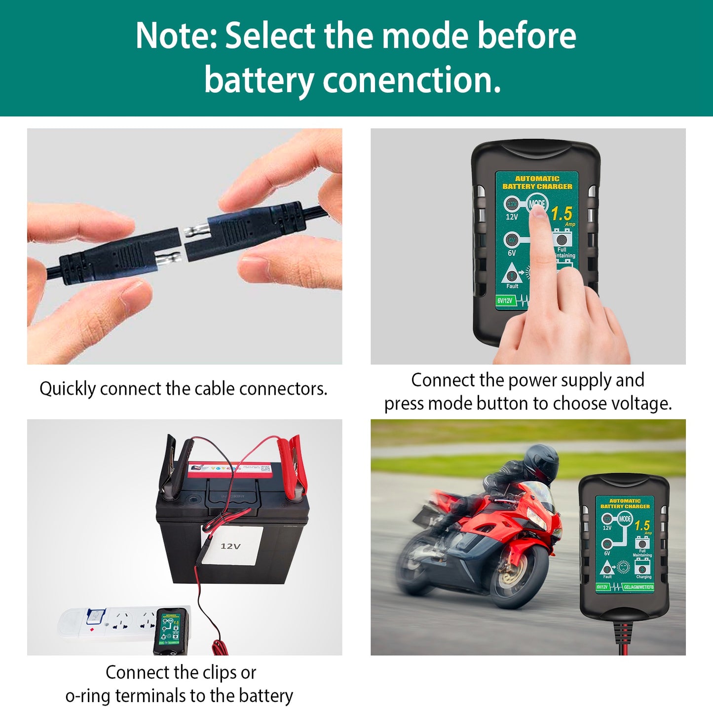 13.8V 1.5A Automatic Lead Acid Battery Charger Automatic Battery Maintainer Trickle Charger 4 Stage Float Charger for Auto Car Motorcycle