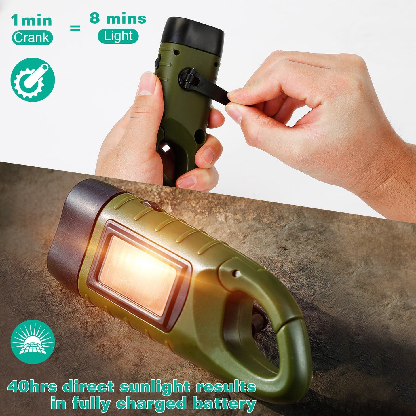 2 Packs Hand Crank Solar Powered Flashlight 3 LED Emergency Light Solar Torch for Camping Climbing Outdoor Activity