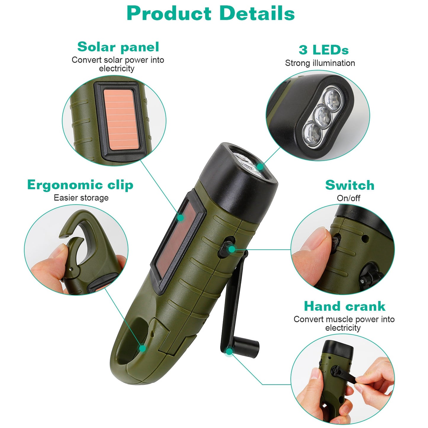 2 Packs Hand Crank Solar Powered Flashlight 3 LED Emergency Light Solar Torch for Camping Climbing Outdoor Activity