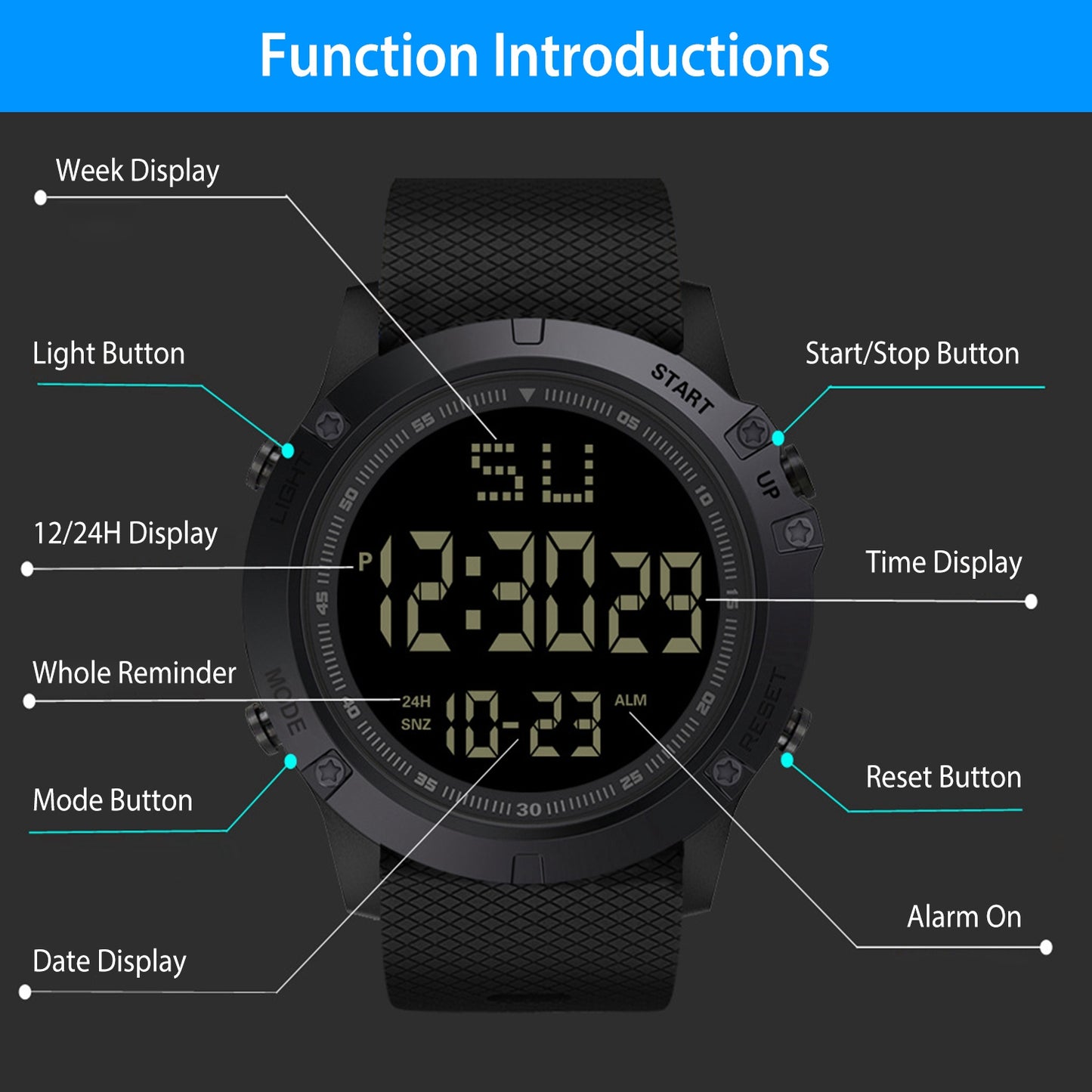 Men's Digital Sports Watch Water-Resistant Military Wrist Watch w/ LED Backlight Date/Week/12/24H Display Alarm Stopwatch Function
