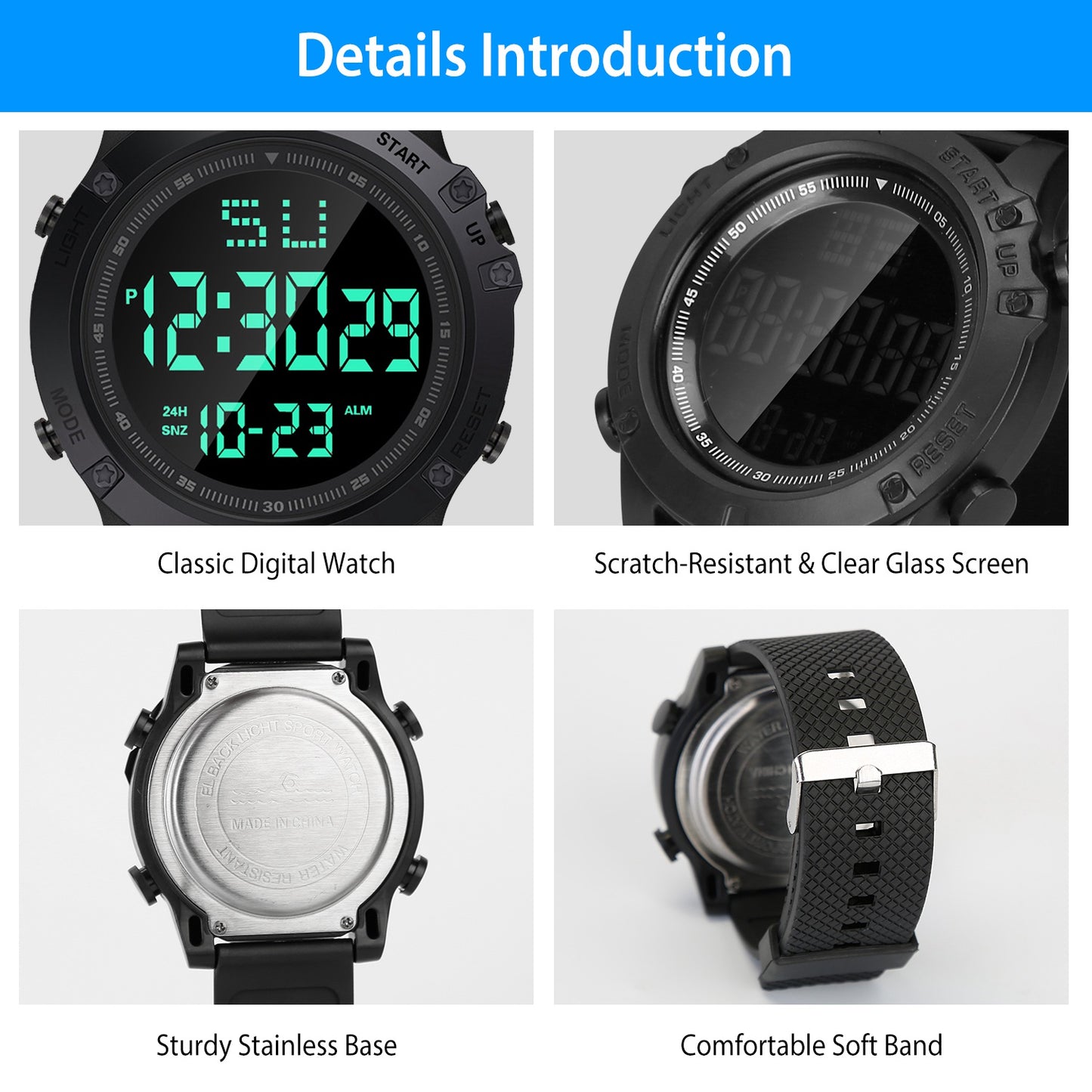 Men's Digital Sports Watch Water-Resistant Military Wrist Watch w/ LED Backlight Date/Week/12/24H Display Alarm Stopwatch Function