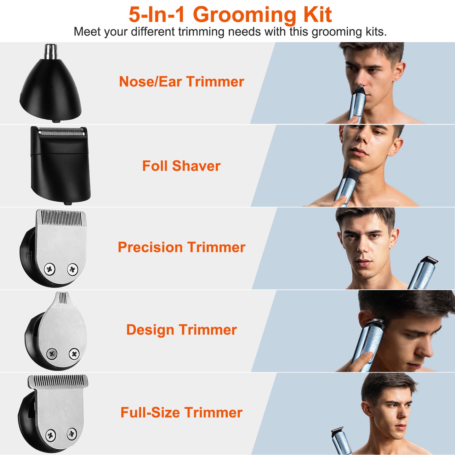 5-In-1 Men’s Beard Trimmer Cordless Hair Clipper Electric Waterproof Shaver Grooming Kit w/ LED Display for Nose Ear Facial Hair